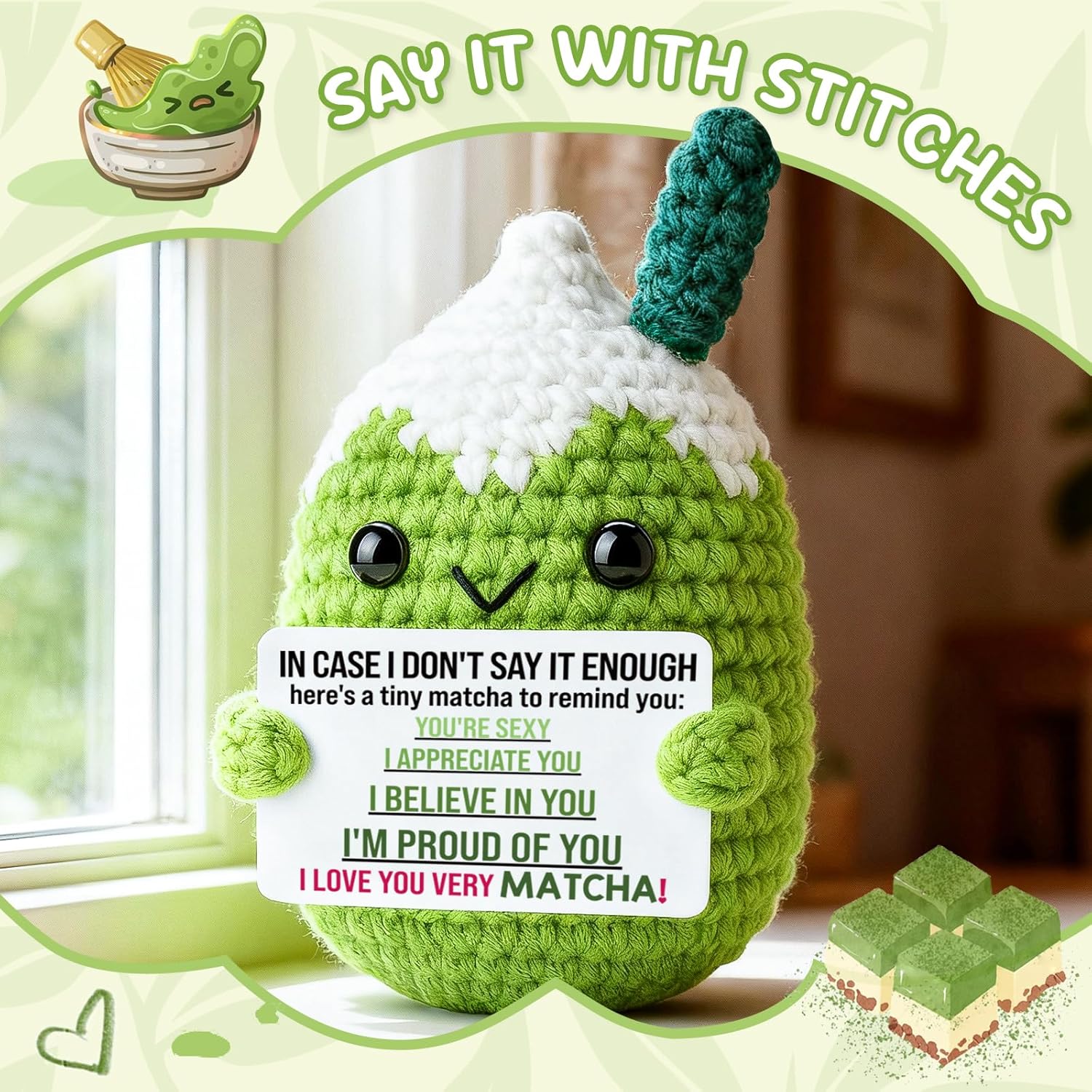 Very Matcha I Love You Crochet Affirmation Plush, Funny Christmas Valentine's Day Anniversary Present for Him Her, Handmade Positive Desk Decor, Christmas Stocking Stuffer Idea - Image 4