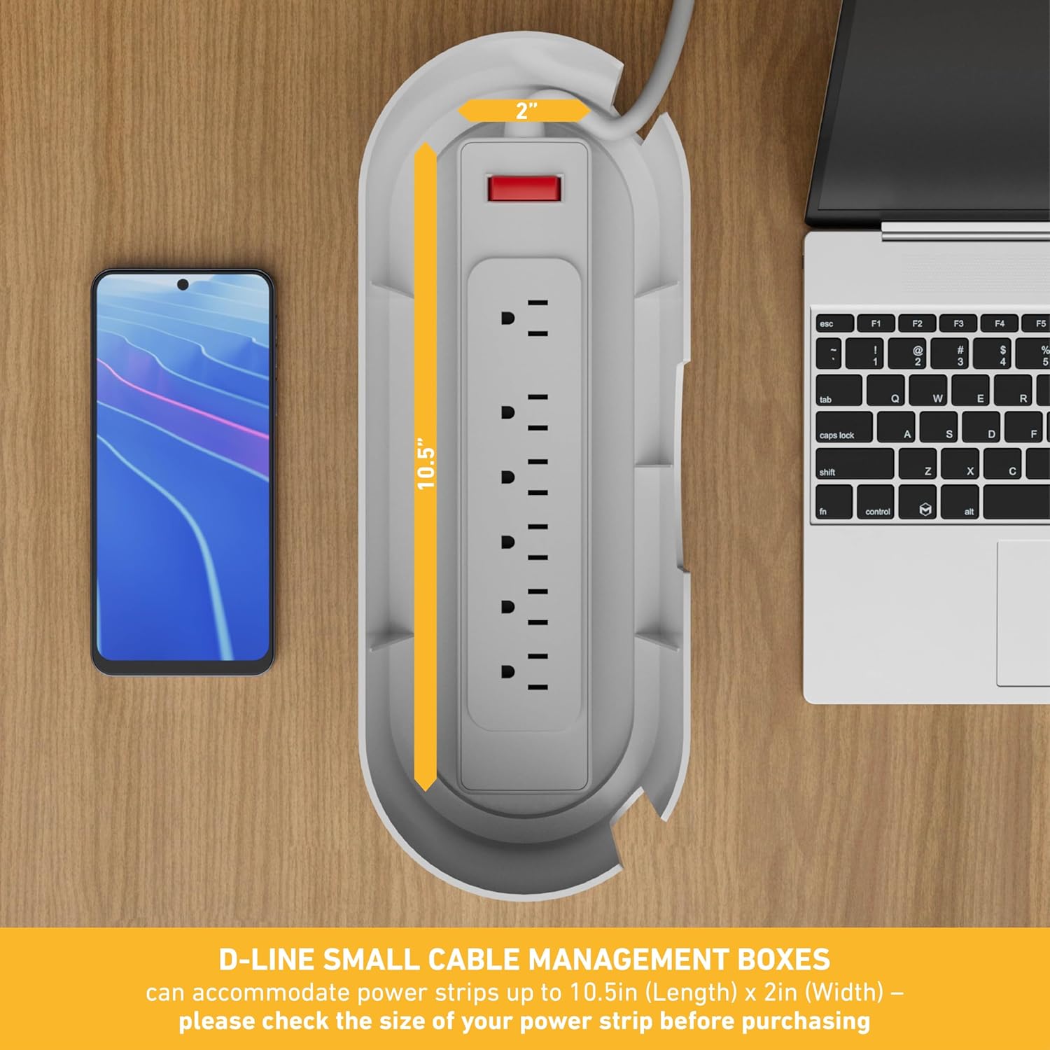 D-Line Cable Management Box, Power Strip Holder, Floor Outlet Hider, Desk Cord Organizer, Cover TV Wires, 12.75" (L) x 5" (W) x 4.5" (H), for use with Power Strips up to 10.5in Length - Small, White - Image 3