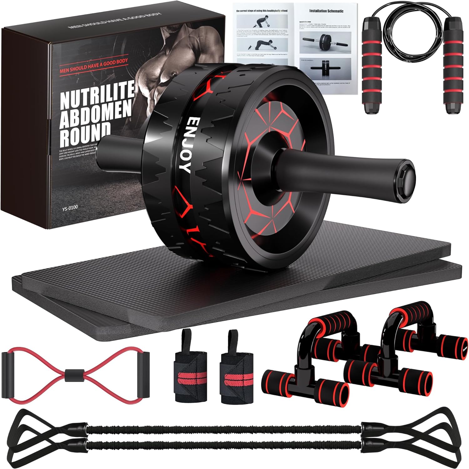 Readaeer Ab Roller Wheel, Ab Exercise Wheels Kit with Ab Roller, Resistance Bands, Knee Mat, Jump Rope, Push-Up Bar