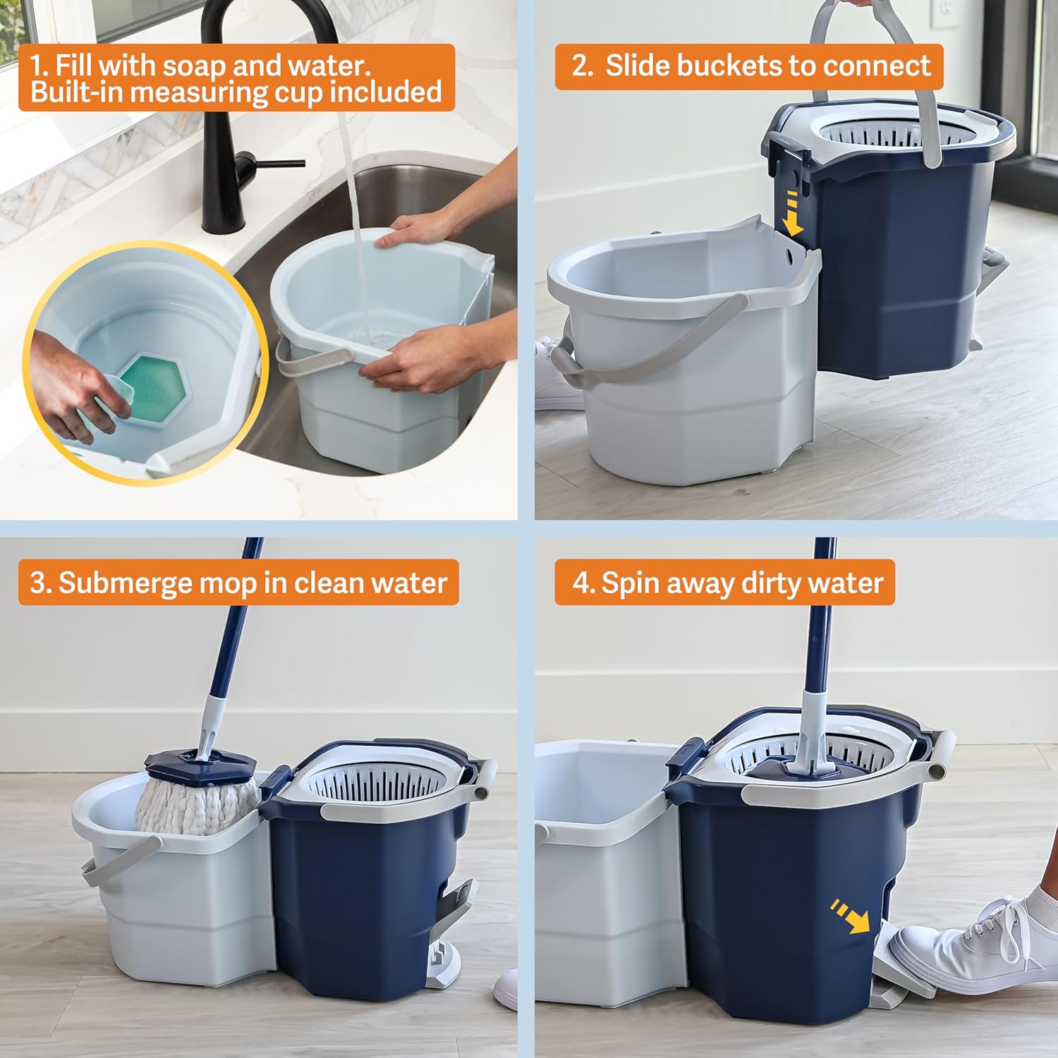 Casabella Spin Mop System with Extra Mop Head Refill - Two-Bucket Design with Splash Guard Built-in Measuring Cup and Scraper Tool with Easy Wring Pedal Spinner, 1.25-Gallon, Blue - Image 6