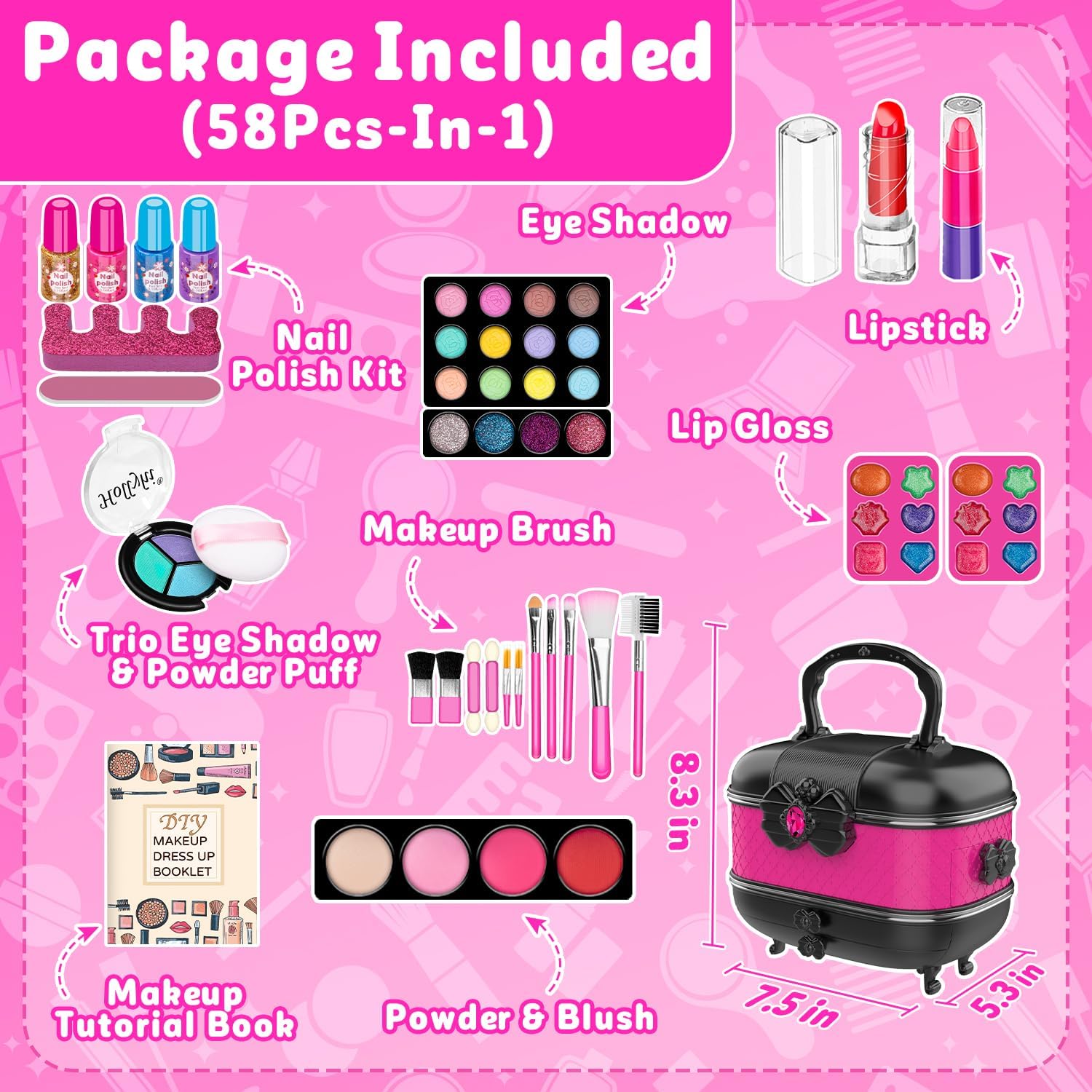 Hollyhi 58 Pcs Kids Makeup Kit for Girl, Princess Toys Real Washable Cosmetic Set with Mirror, Kids Makeup Sets for Girls, Play Make Up Birthday Gifts for 3 4 5 6 7 8 9 10 11 12 Years Old Kid (Rose) - Image 2
