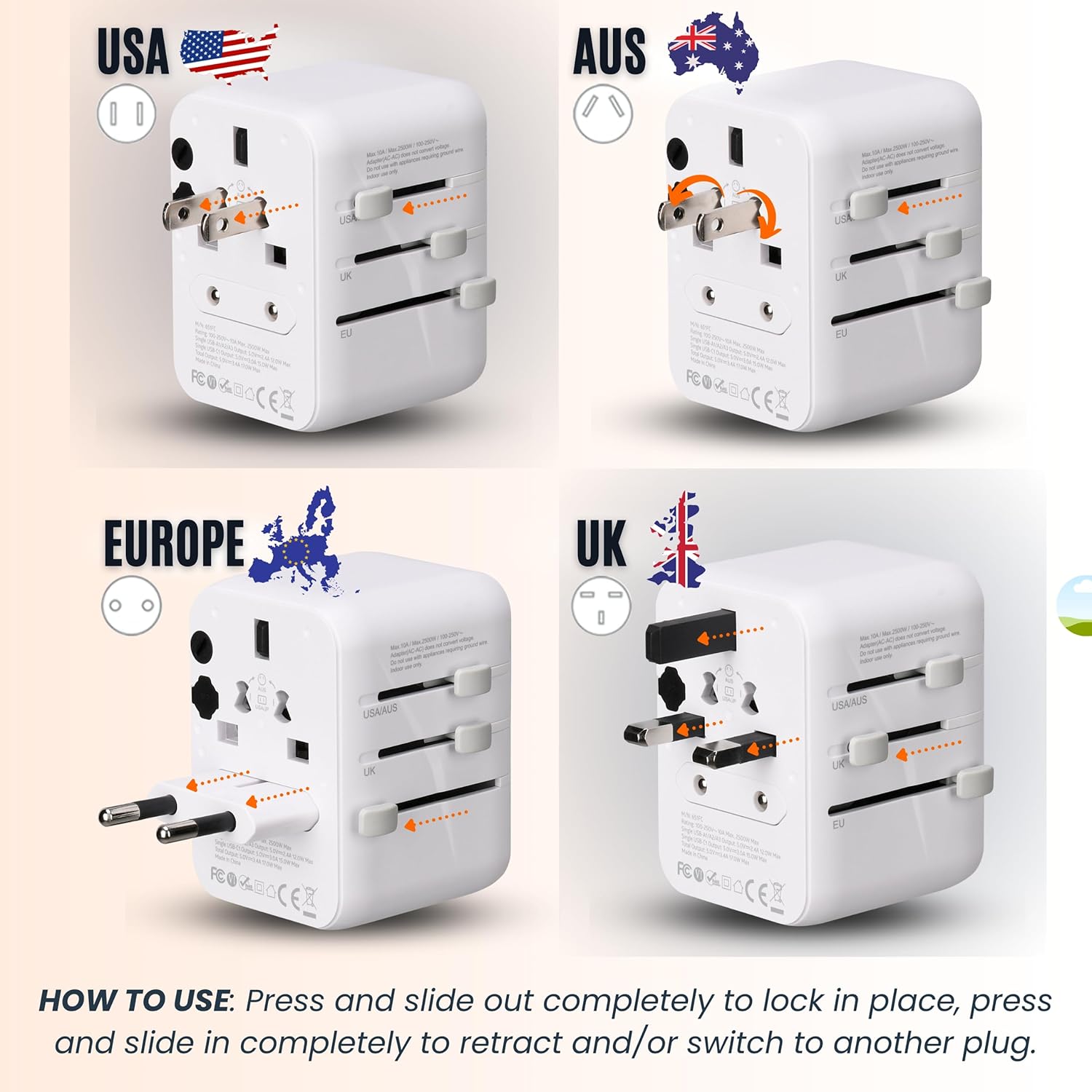 6 in 1 Universal Travel Adapter-10A | International Power Adapter with 3 USB C, 2 USB A Ports | 2500W Fast Portable Charger | Travel Adapter Worldwide Covering 200+ Countries- White - Image 5