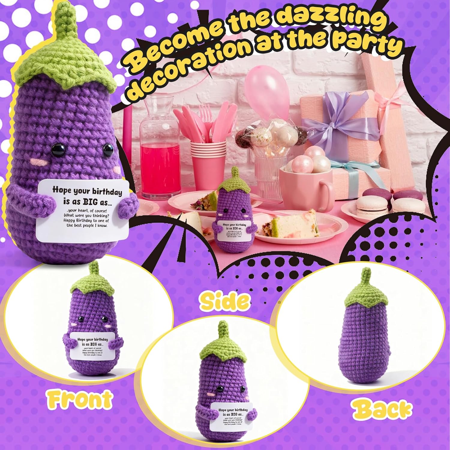 Funny Crochet Eggplant Birthday Gag Gift for Best Friend, Handmade Novelty Plush with Witty Card, Funny Gifts for Women, BFF, Sister, White Elephant & Stocking Stuffer Idea - Image 3