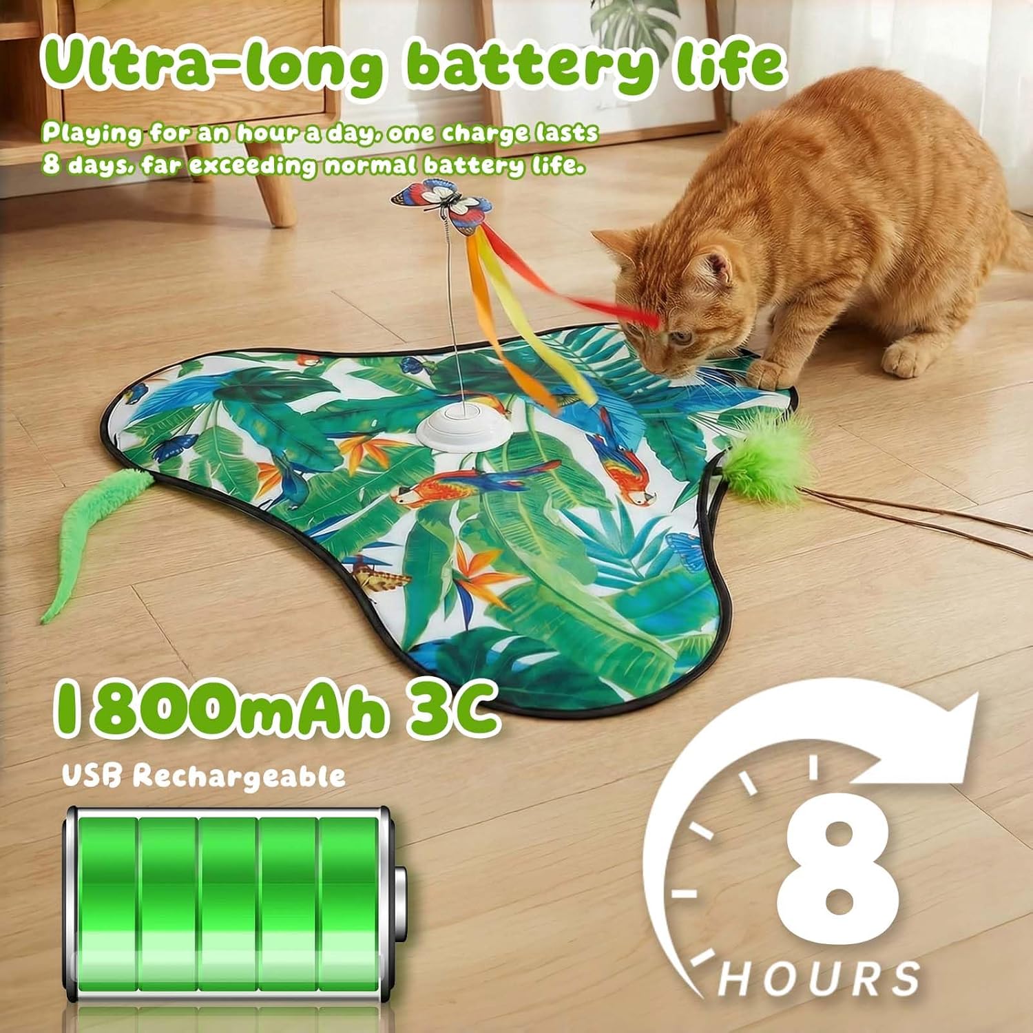 Interactive Cat Toys Rechargeable,Moving Concealed Feathers,Real Mouse Squeaky,Touch Activated Cat Kitten Toy Exercise Toys for Indoor Bored Adult Cats (Green) - Image 6