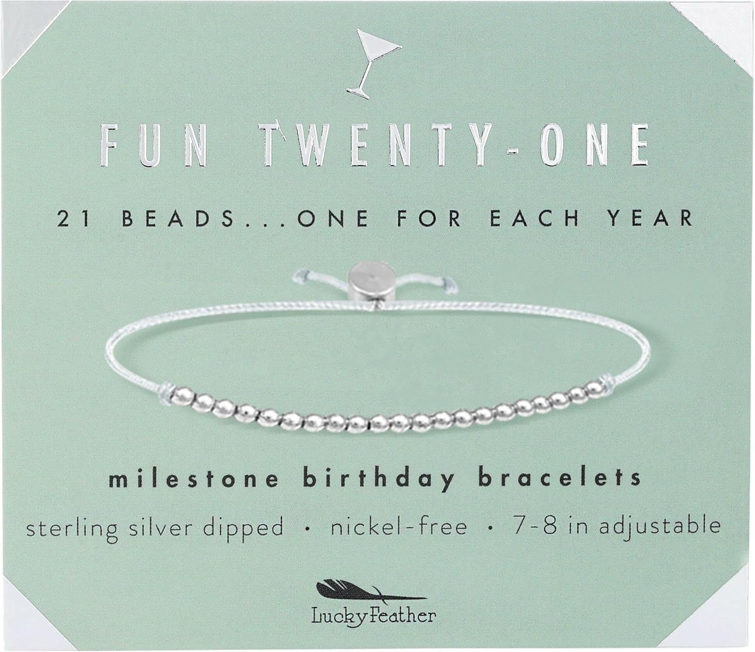Lucky Feather 21st Birthday Gifts For Her | 21st Birthday Bracelet With 14k Dipped Beads Adjustable Cord Milestone Gift | Gifts For 21 Year Old Female | Gift Card For 21 Girls | 21 year old birthday gifts for her