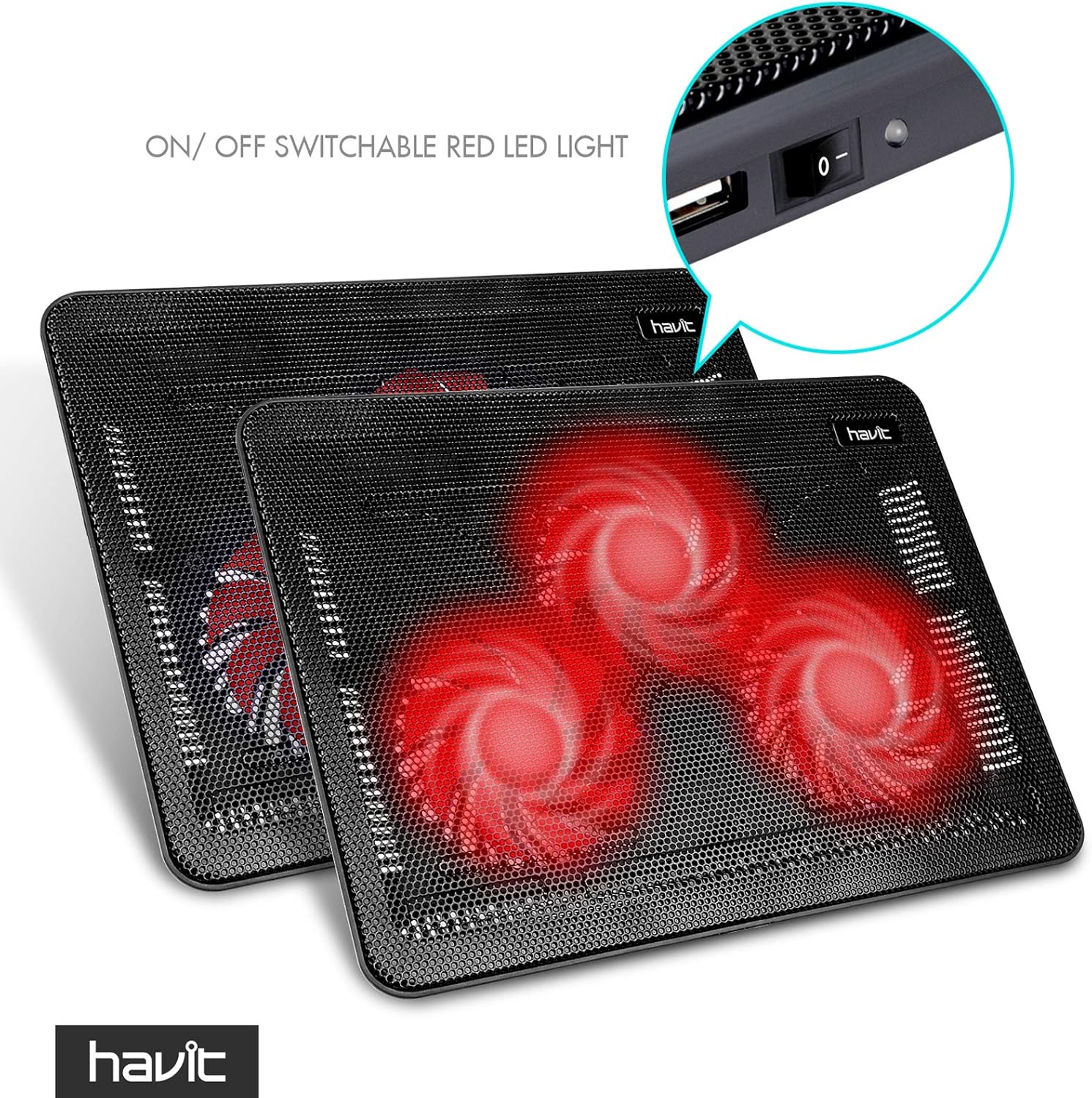 Havit HV-F2056 15.6-17 Inch Laptop Cooler Cooling Pad - Slim Portable USB Powered (3 Fans) (Black+Red) - Image 2