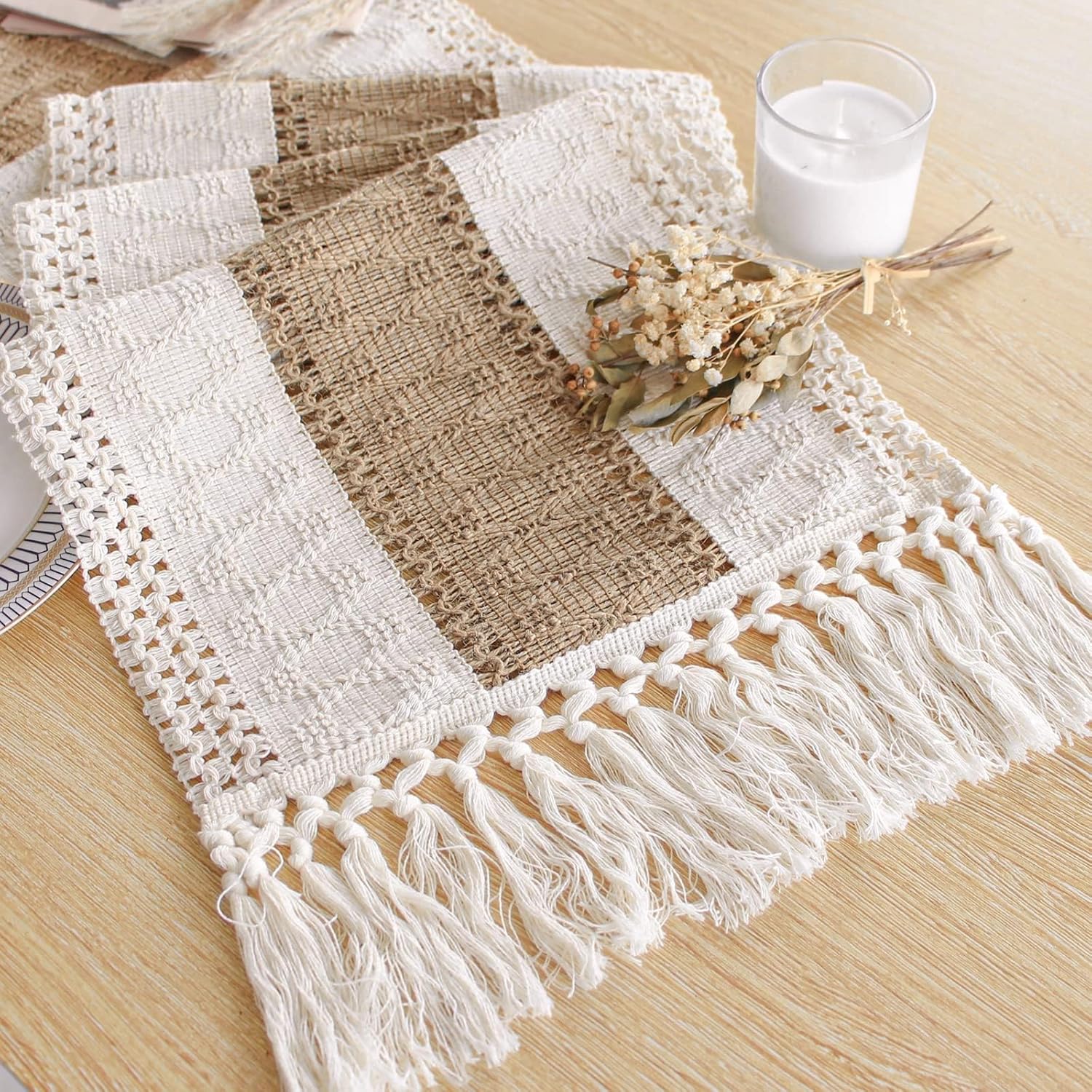FEXIA Boho Table Runner for Thanksgiving Fall Christmas Home Decor with Tassels 72 Inches Long Pottery barn Furniture Farmhouse Rustic Macrame Burlap Table Decoration for Living Room (12x72 Inches)