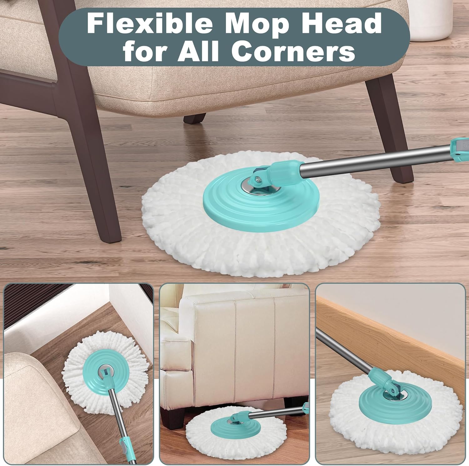 Spin Mop and Bucket System, Mop and Bucket with Wringer Set,Mops for Floor Cleaning,Household Supplies Tools with 6 Replacement Refills,61" Extended Handle for Household Hardwood Floor - Green - Image 4