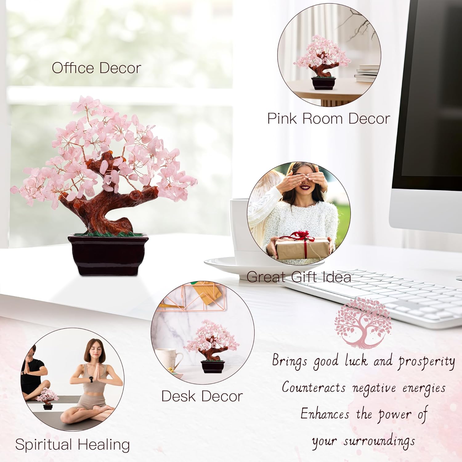 Parma77 Feng Shui Natural Rose Pink Quartz Crystal Money Tree, Healing Crystal Trees Bonsai Style Decoration for Wealth and Luck for Home Decor, Gifts for Women - Image 5