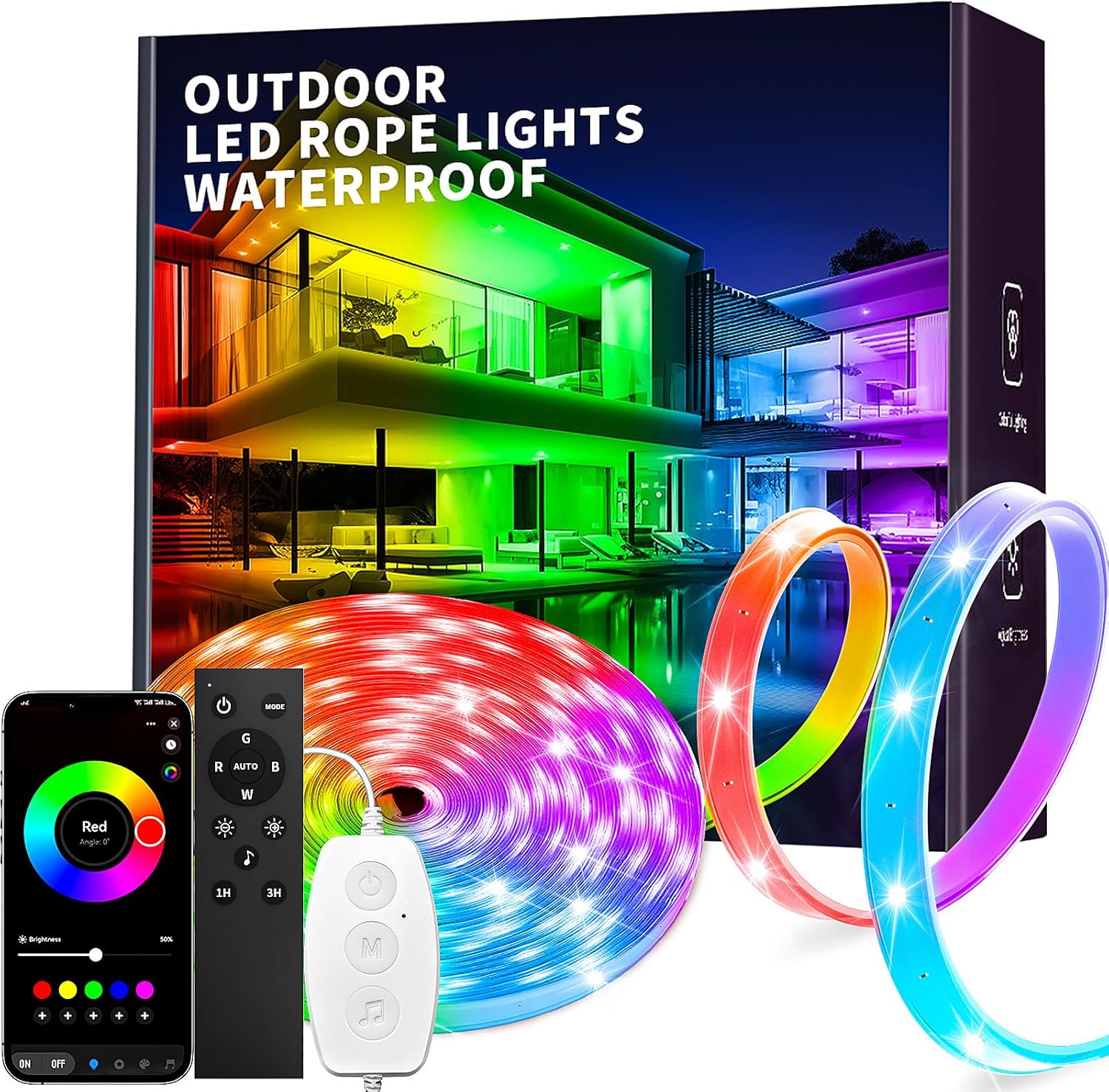 KSIPZE Outdoor led Strip Lights Waterproof IP68, RGB Outdoor led Lights with Button & Bluetooth App Control, Music Sync, Timer, Exterior Led Rope Lights for Decor Balcony, Roof, Garden, Pool