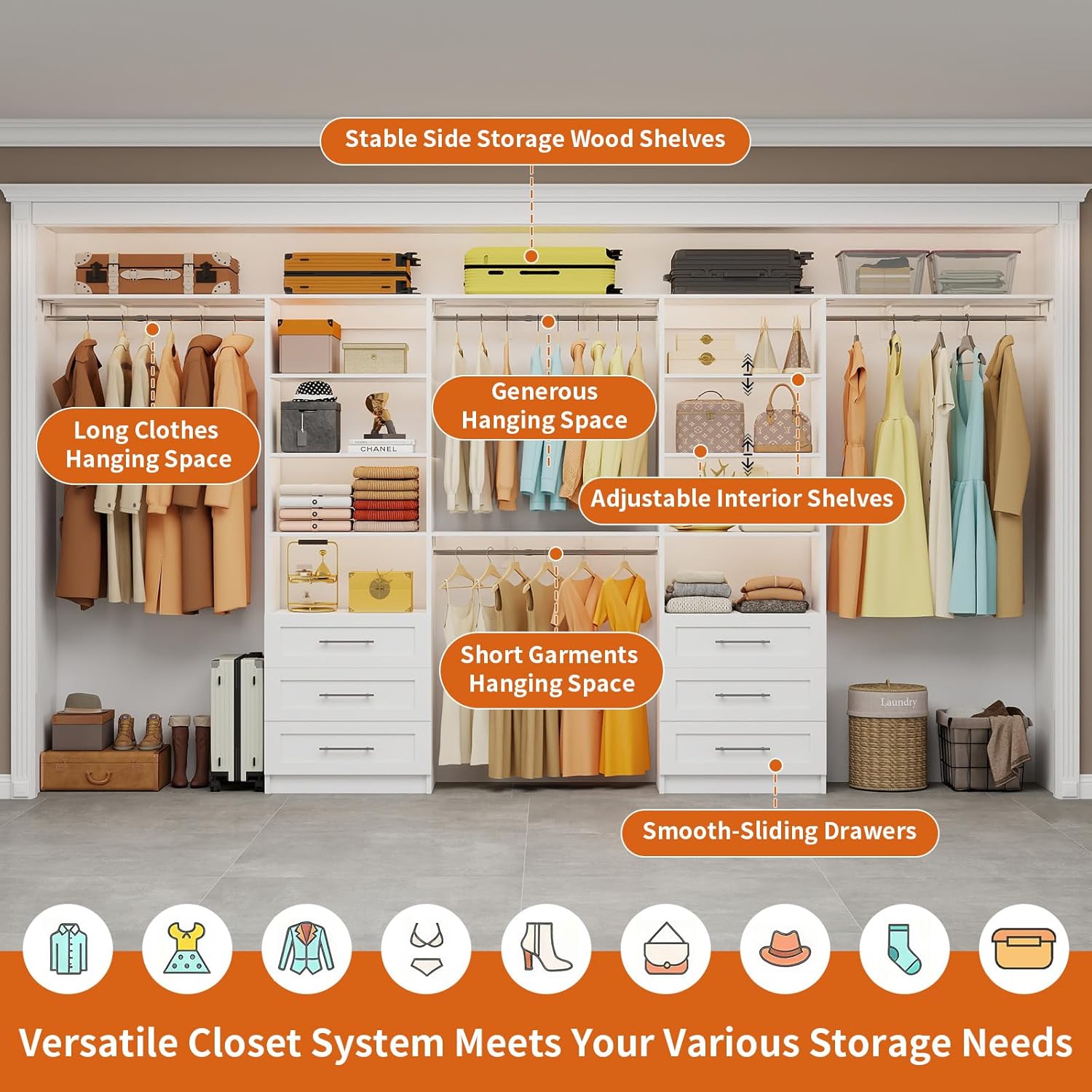 Closet System with 6 Drawers, 6-13FT Custom Closet Organizer System with 6 Hanging Rods &Adjustable Shelves , Wood Closet System Kit for Walk in Closets, Modular Closet Organizer System, 2 Sets,White, - Image 8