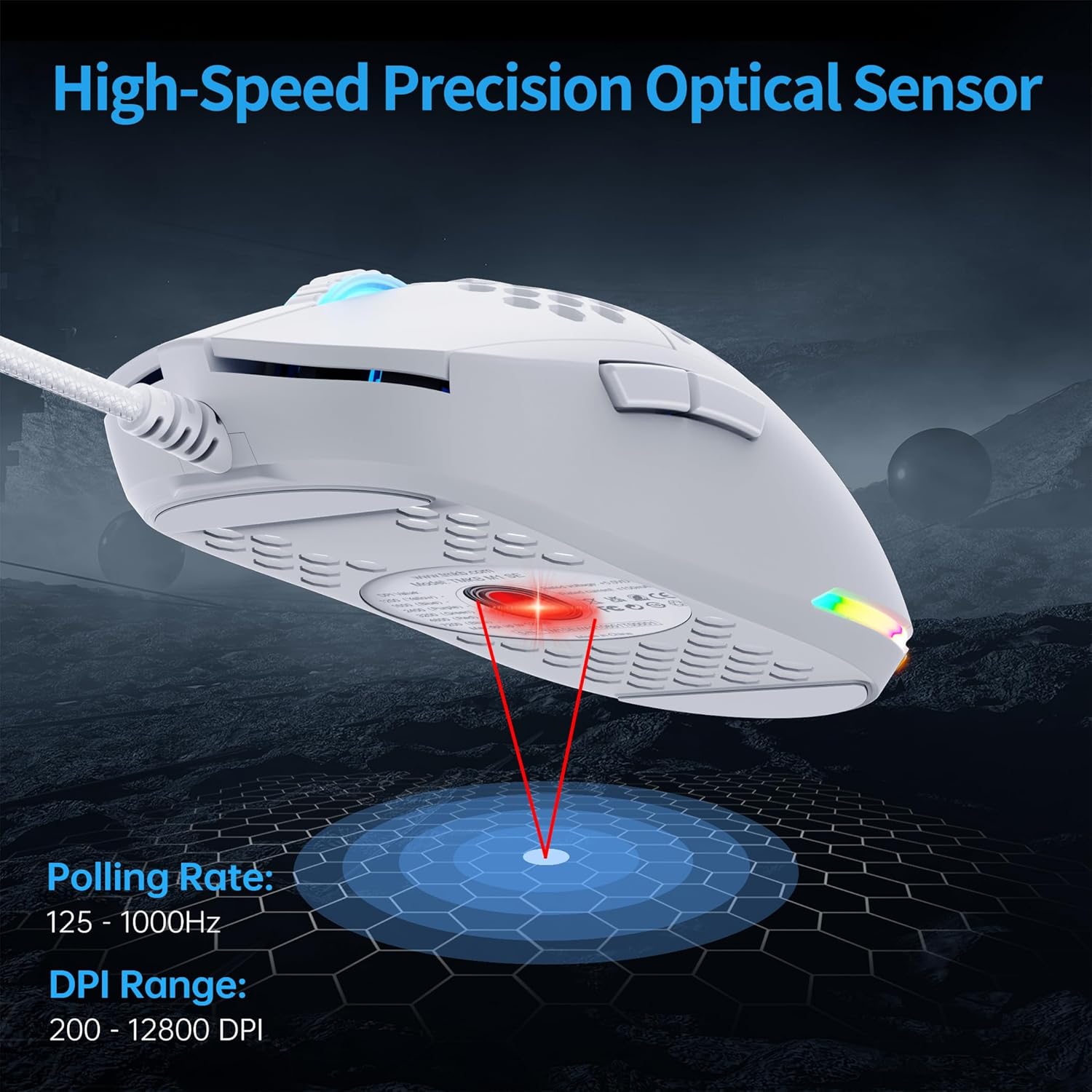 TMKB Falcon M1SE Ultralight Honeycomb Gaming Mouse, High-Precision 12800DPI Optical Sensor, 6 Programmable Buttons, Customizable RGB, Drag-Free Paracord, Ergonomic, Wired - Matte White - Image 2