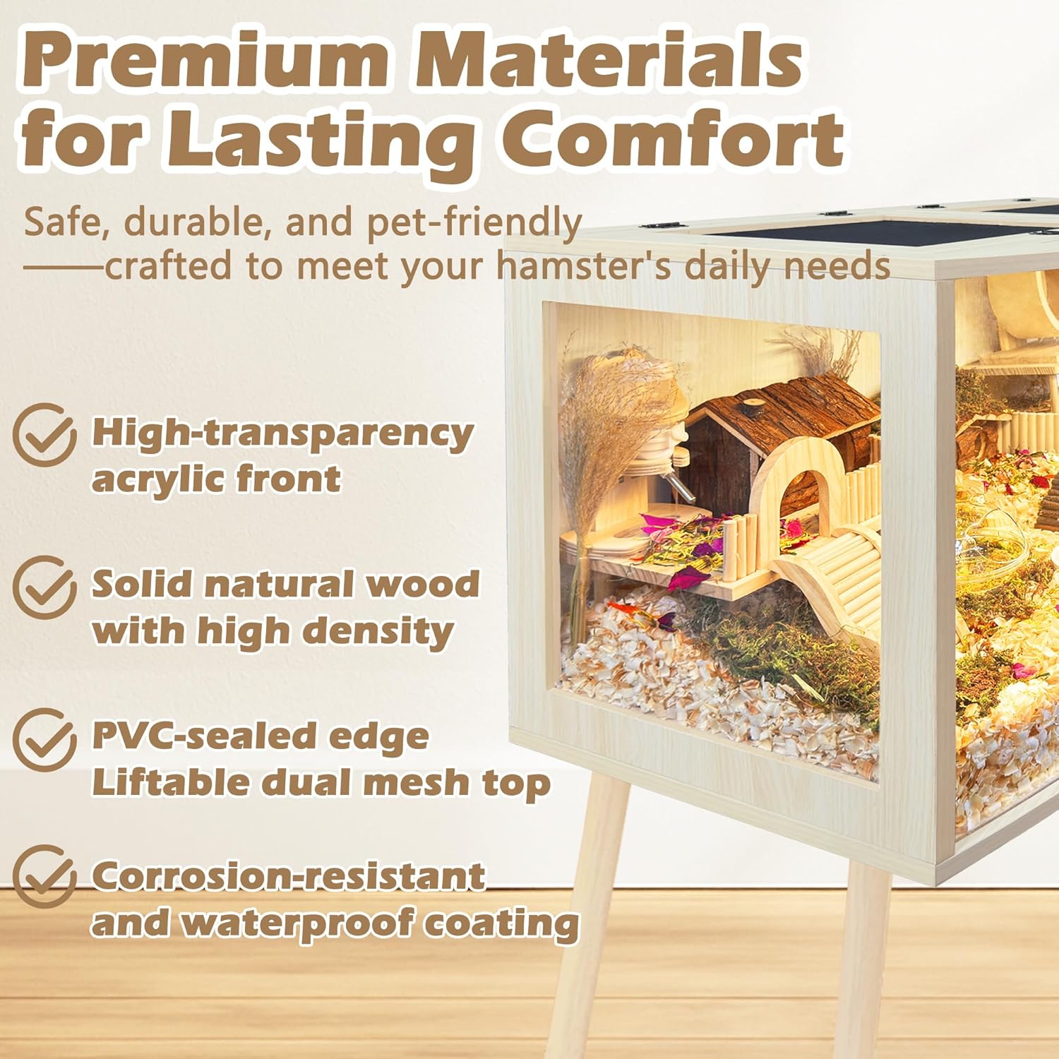 Prolee Hamster Cage with Curved Design,Chew Proof Wooden Hamsters Enclosure with Leg Stand and Openable Top or Gerbils,Hamster Habitat (32"x16"x16") - Image 7