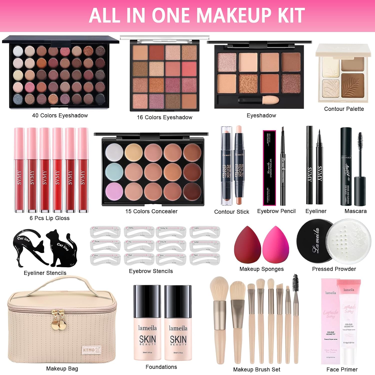 All in One Makeup Kit for Women Full Kit, Makeup Gift Sets for Women Teens Girls, Makeup Essential Bundle Includes Eyeshadow Palette Foundation Eyeliner Contour Stick Lip Gloss Cosmetic Brush Set - Image 2
