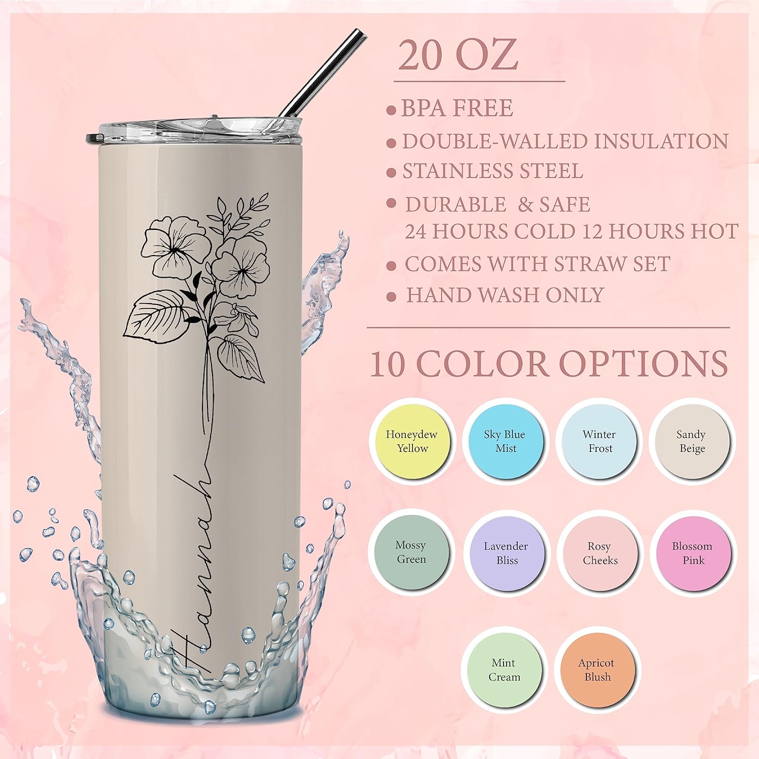 Birthday Gifts for Women, Personalized Tumblers with Birth Flower and Name, 10 Colors - 20 Oz, Skinny Tumblers for Women - Image 3