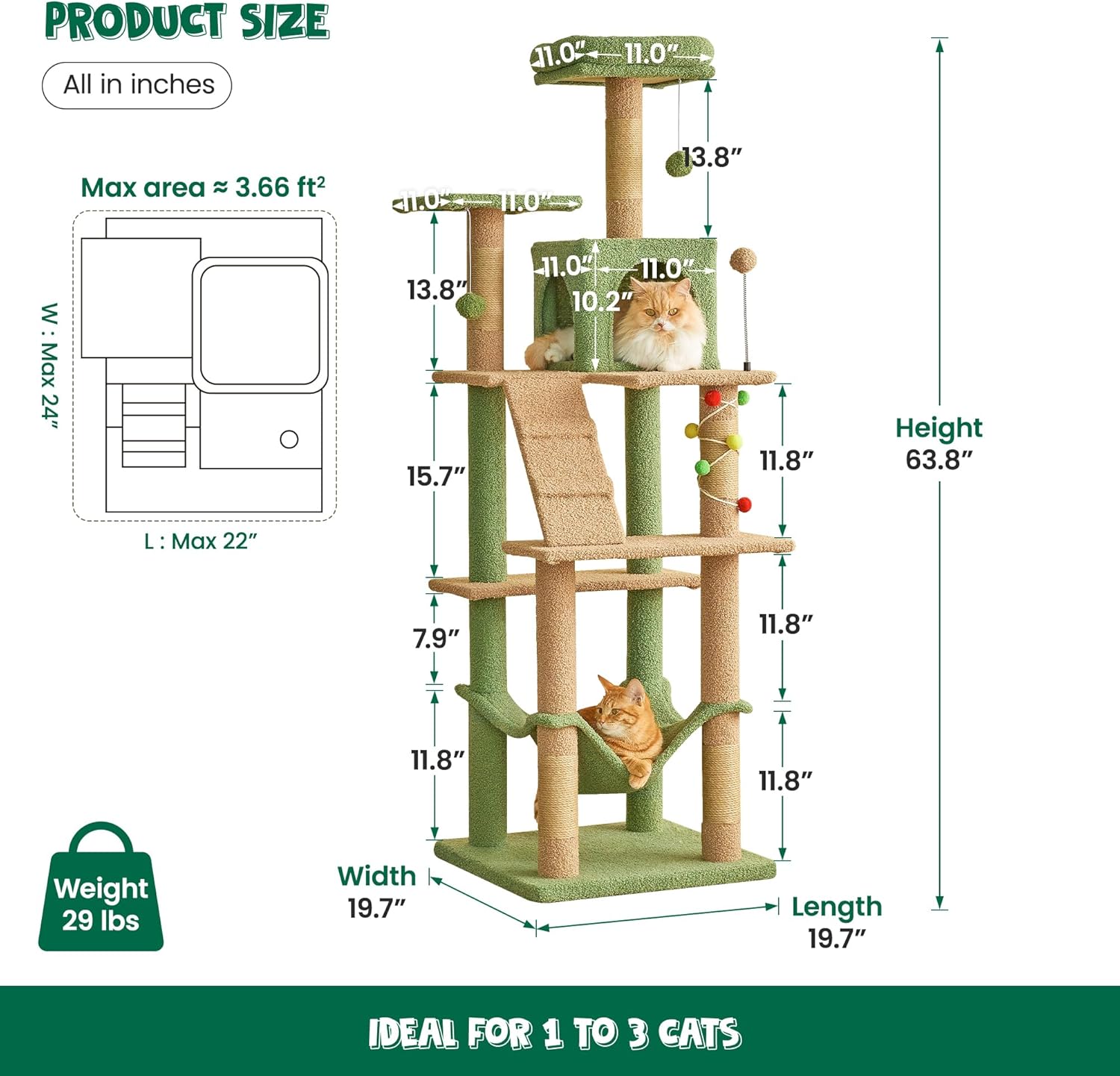 MWPO 63.8 Inches Green Cat Tree for Indoor Cats, Multi-Level Cat Tower with Sisal-Covered Scratching Posts, Padded Platform, Hammock, Dangling Toys, Stable Cat Condo Pet Play House - Image 6
