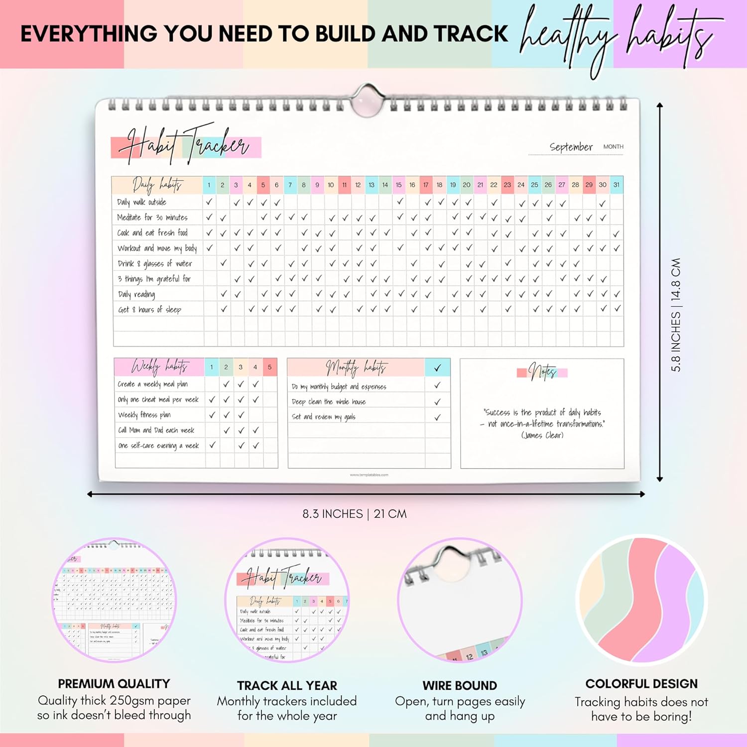 Habit Tracker Calendar – Daily, Weekly & Monthly Habit & Goal Tracker, Wire-Bound Planner with Colorful Design, Premium 250gsm Paper | A5 (Rainbow) - Image 2