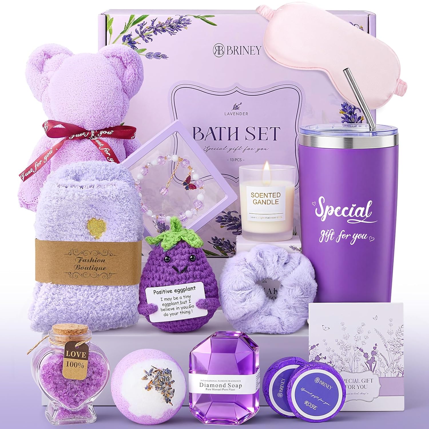 Briney Gift Baskets for Women, Mothers Day Gifts for Friends, Purple Birthday Valentines Women Day Easter Gifts Lavender Care Package Spa Basket for Girlfriend Wife Mom Sister