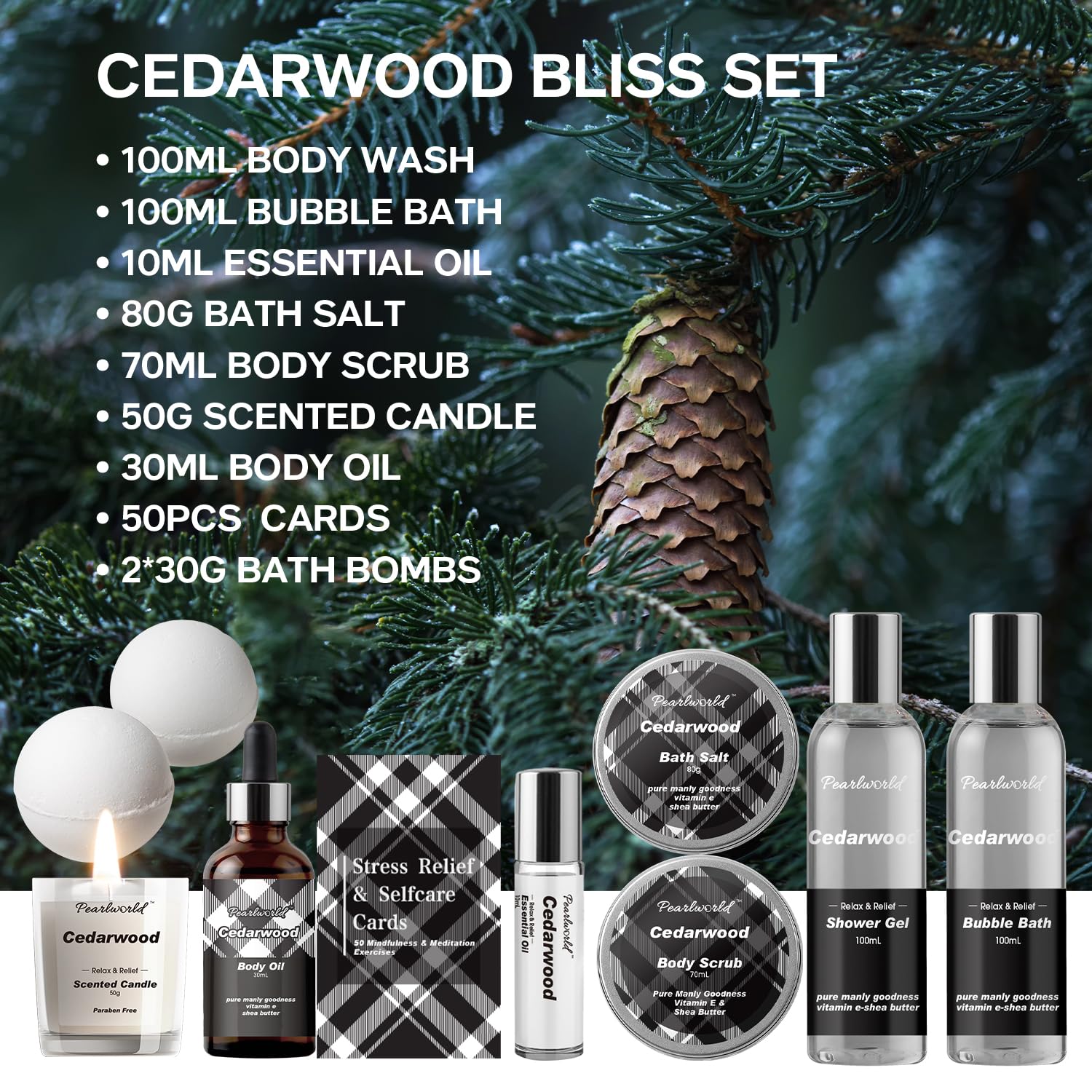 12Pcs Men's Spa Gift Set - Cedarwood Bath & Body Care Kit, Home Spa Set with Natural, Perfect Gifts for Men - Father's Day, Birthday, Valentine's & Christmas - Image 2