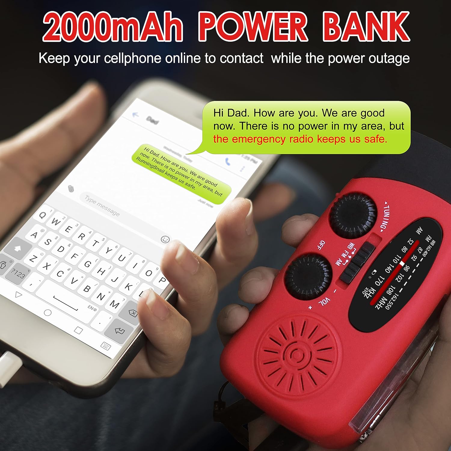 RunningSnail Emergency Hand Crank Radio With LED Flashlight For Emergency, AM/FM NOAA Portable Weather Radio With 2000mAh Power Bank Phone Charger, USB Charged & Solar Power For Camping, Emergency - Image 3