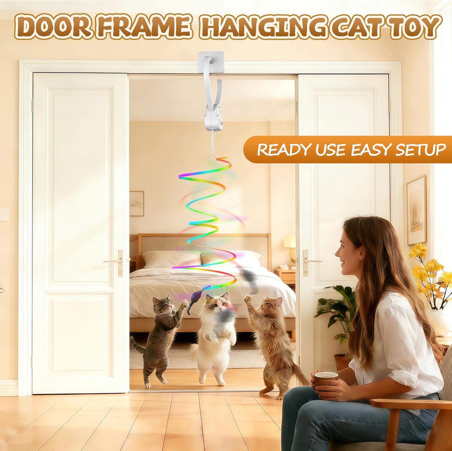 Interactive Cat Toys for Indoor Cats,Automatic Hanging Electric Cat Teaser Door Frame & Doorway,with Feather Mouse String wand Enrichment Chase Toy,Safe Self Play for Bored Multi Cats Households - Image 3