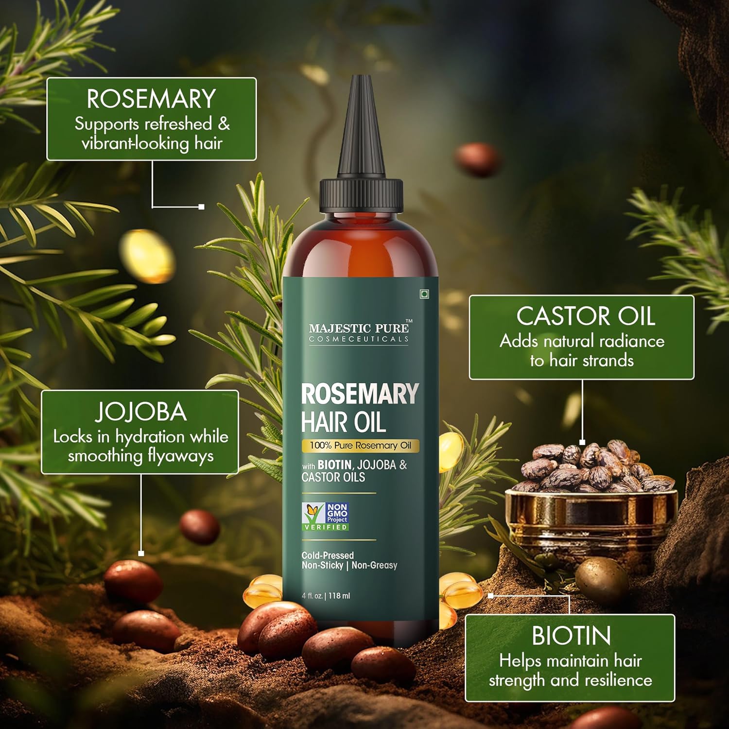 Majestic Pure 100% Pure Rosemary Oil for Hair Growth - Strengthening, Nourishing, Volumizing - Infused with Biotin Oil, Jojoba Oil & Castor Oil - Non GMO Verified - 4 Fl Oz - With Applicator - Image 2