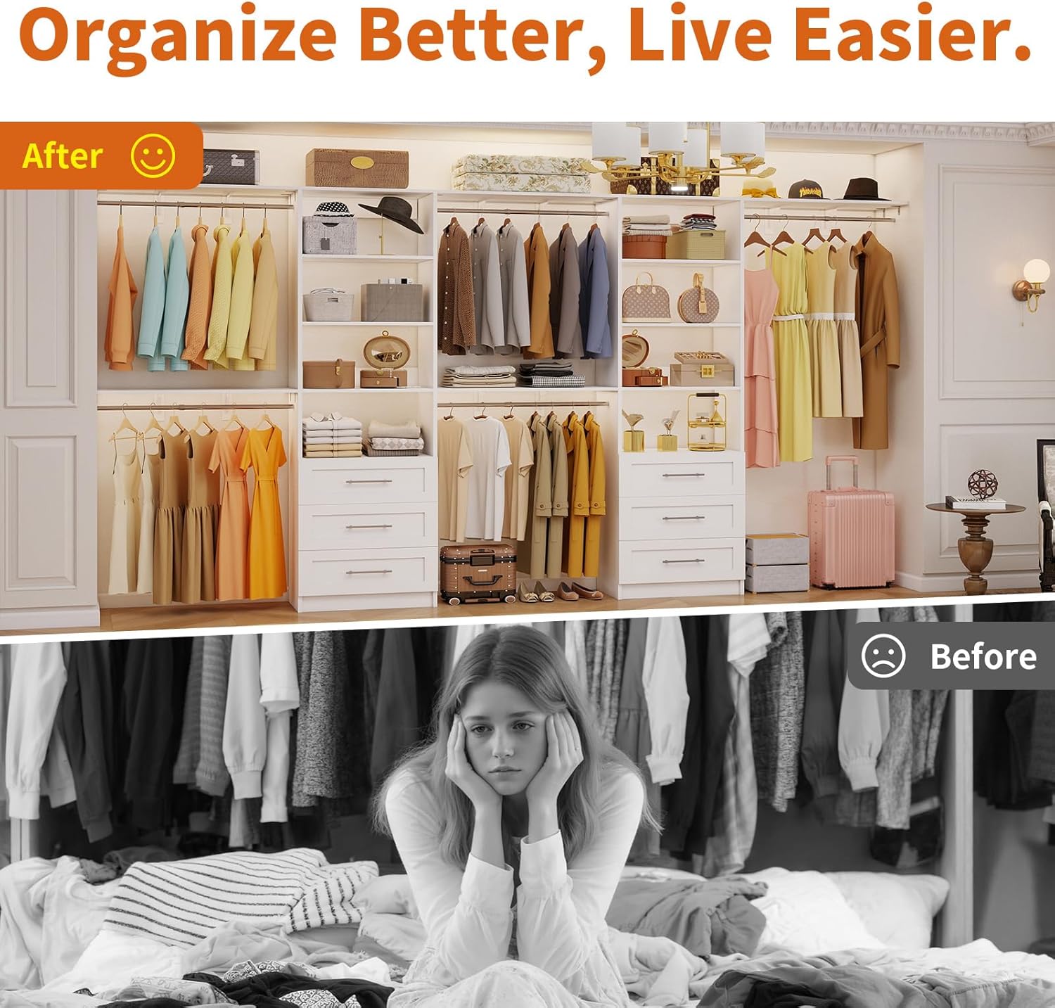 Closet System with 6 Drawers, 6-13FT Custom Closet Organizer System with 6 Hanging Rods &Adjustable Shelves , Wood Closet System Kit for Walk in Closets, Modular Closet Organizer System, 2 Sets,White, - Image 7