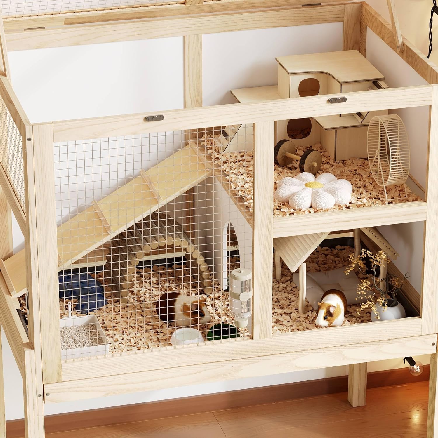 Guinea Pig Cages for 2, Small Animals Rabbit Cages with a Pull Out Tray, Large Wooden Indoor 2-Story Hamster House, Guinea Pig Hideout Habitat Playpen with Ramp, Platform, Natural - Image 9