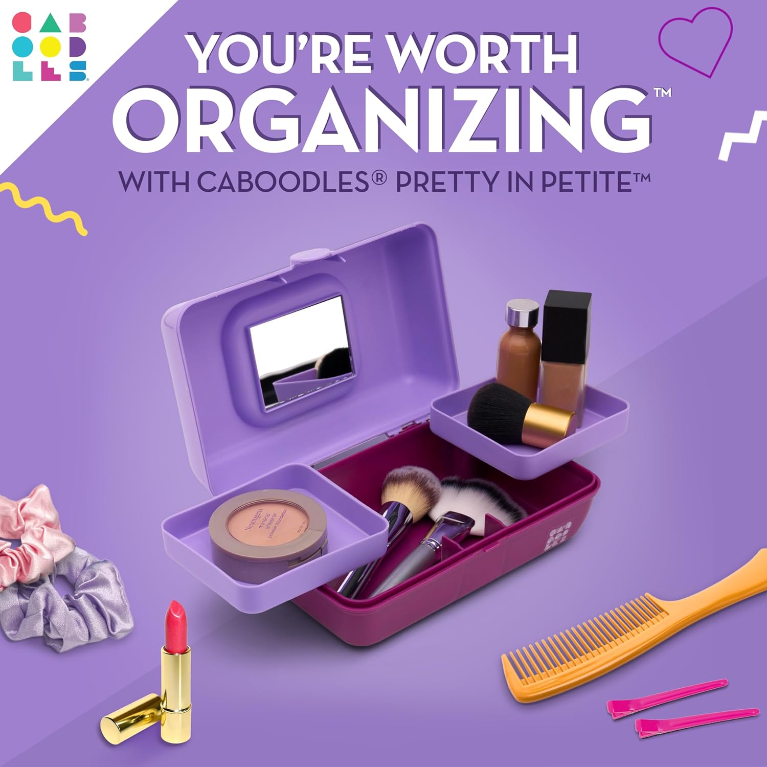Caboodles Pretty in Petite Makeup Box, Two-Tone Lavender on Violet, Hard Plastic Organizer Box, 2 Swivel Trays, Fashion Mirror, Secure Latch for Safe Travel - Image 2