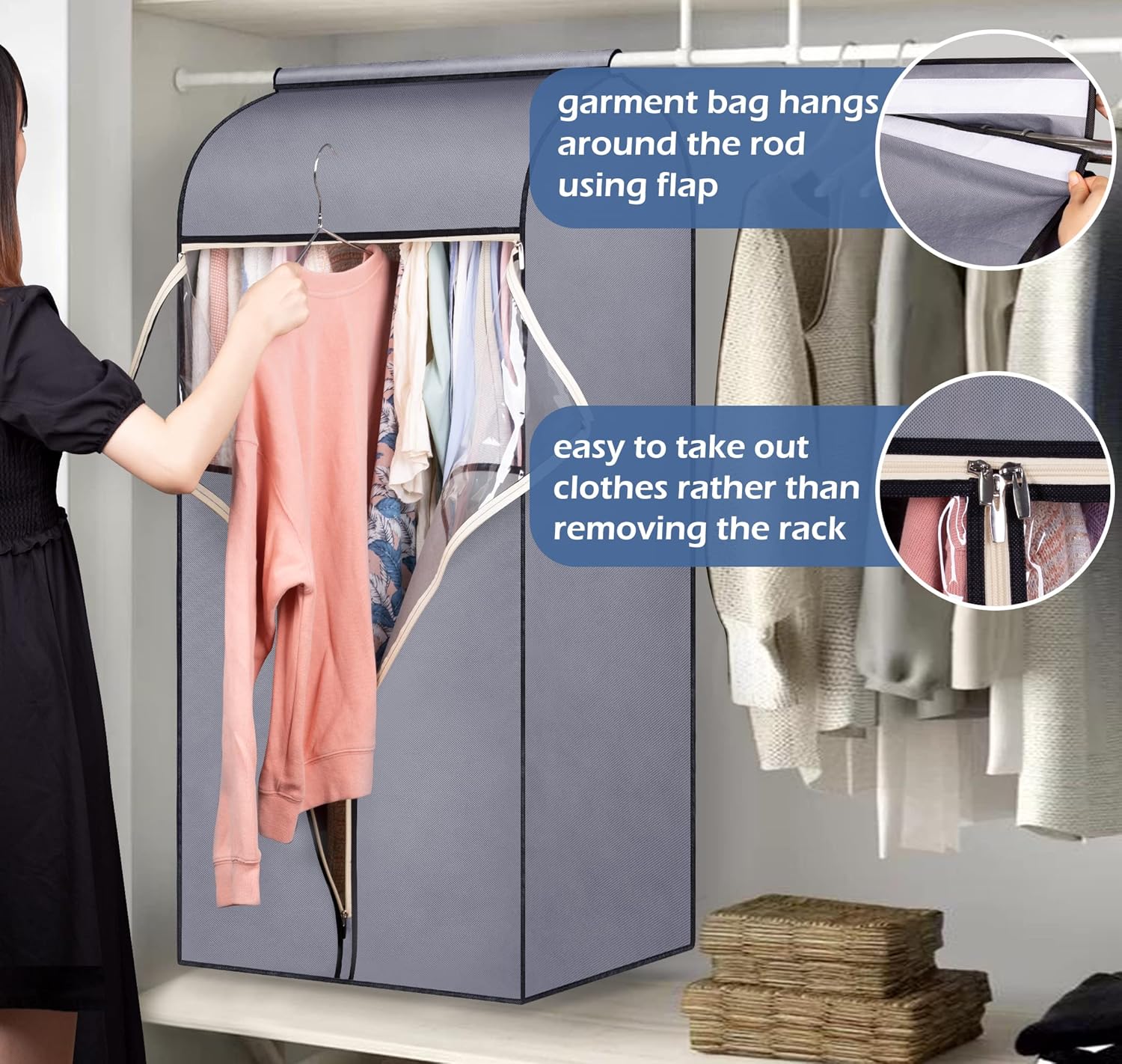 SLEEPING LAMB 54'' Hanging Garment Bags for Closet Storage Sealed Completely Jackets Coats Suits Clothes Rack Cover for Wardrobe with Clear PVC Window, 2 Packs, Grey(Hanging Rod Not Included) - Image 2