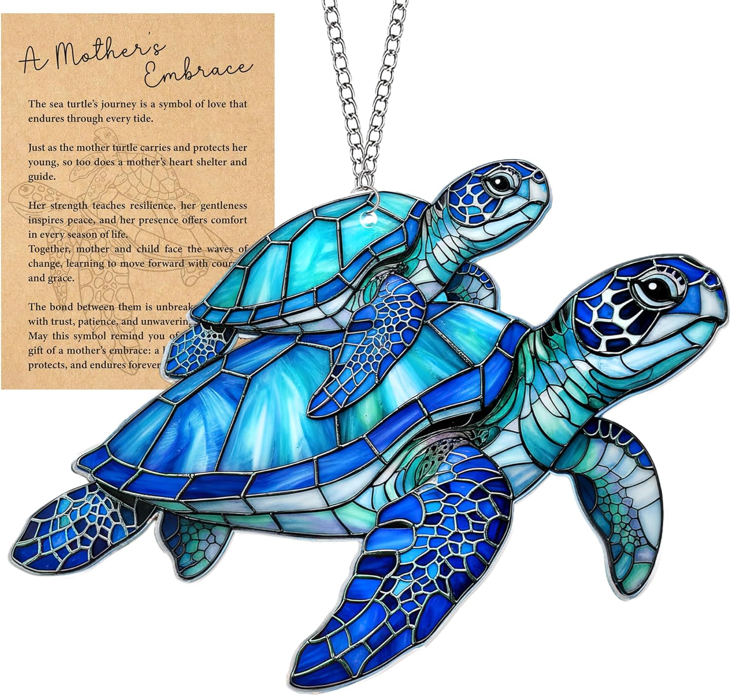 Beach Christmas Ornaments for Tree, Sea Turtle Acrylic Suncatcher Ornament with Story Card, Sea Turtle Gifts for Women, Beach Gifts for Women, Christmas Stocking Stuffers Ideas (Motherhood Blue)