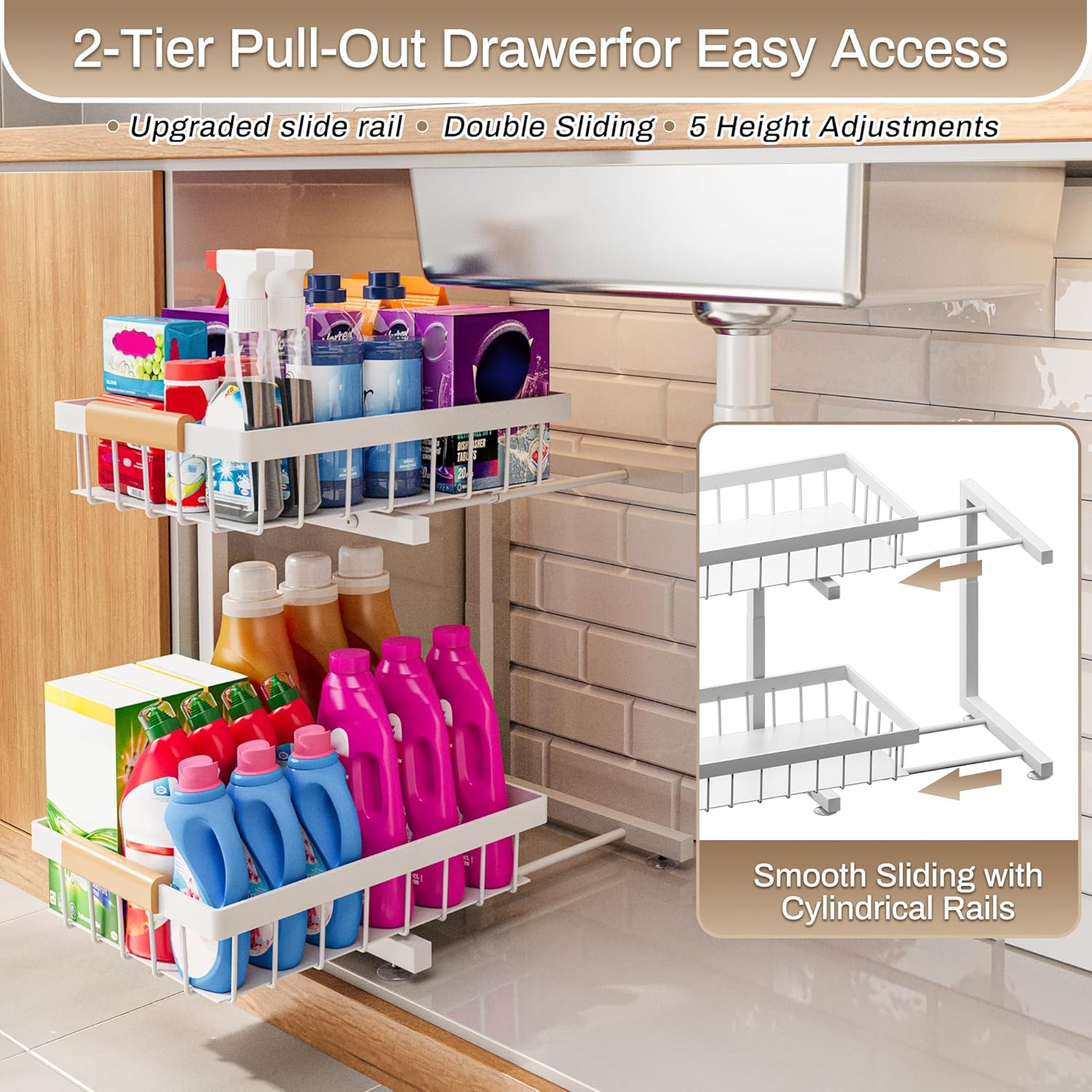 ADBIU Under Sink Organizer 2 Pack, Adjustable Height (11"-15.75") Under Cabinet Storage, 2 Tier Pull Out Sliding Drawers for Kitchen Bathroom, Heavy Duty Metal Shelf, White - Image 8