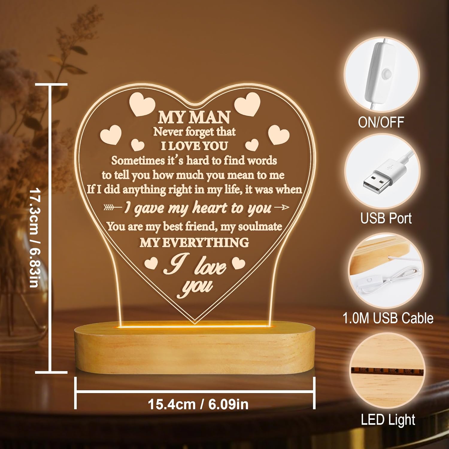 Anywin Gifts for Him, I Love U to My Husband's Gifts with Warm Light for Home Decor, Gifts for Birthday, Xmas,Holidays, A Thankyou Gifts for Him Husband Boyfriend My Man - Image 6