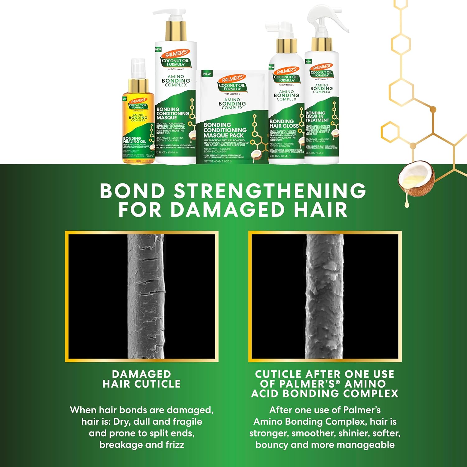 Palmer's Amino Bonding Complex Hair Mask, Intense Conditioning Masque Pack with Coconut Oil & Vitamin E, Heat Protectant, Anti Frizz, Adds Shine, Protects Hair Growth, All Hair Types, 2.1 oz packette - Image 7