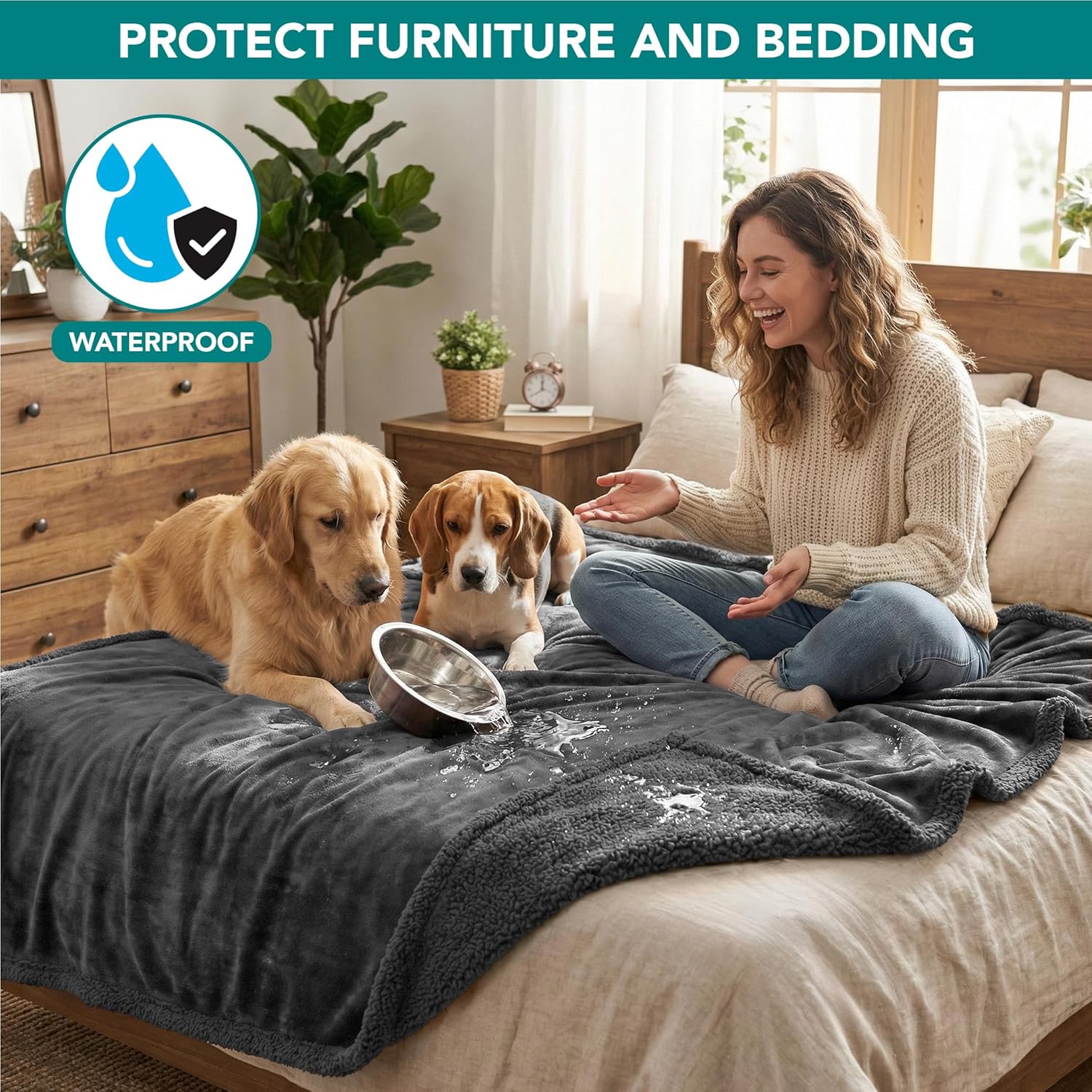 PetAmi Waterproof Dog Blanket for Medium Large XL Dog Puppy Cat Throw for Couch Cover Leakproof Protection, Sherpa Fleece, Reversible Soft Washable 80x60 Gray Gray - Image 6