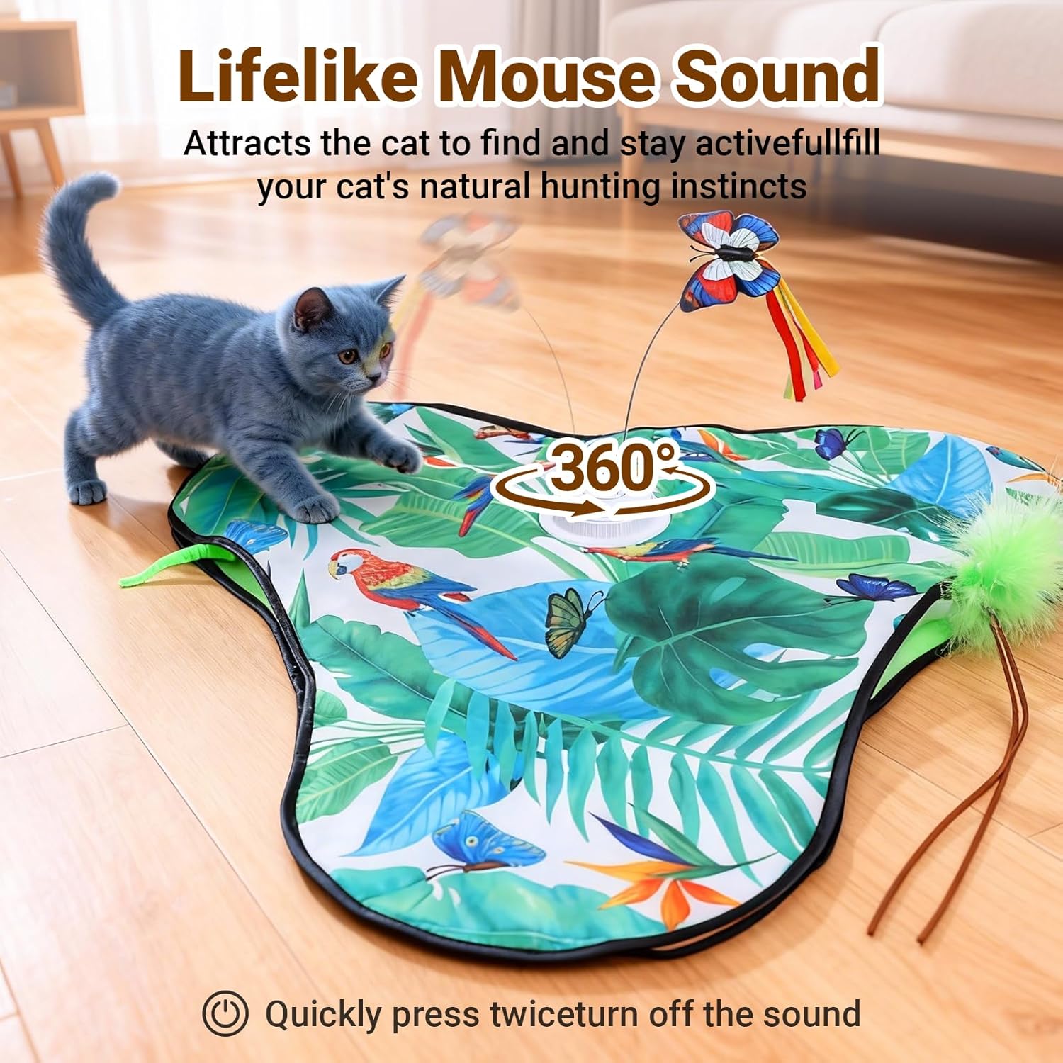 Interactive Cat Toys Rechargeable,Moving Concealed Feathers,Real Mouse Squeaky,Touch Activated Cat Kitten Toy Exercise Toys for Indoor Bored Adult Cats (Green) - Image 9