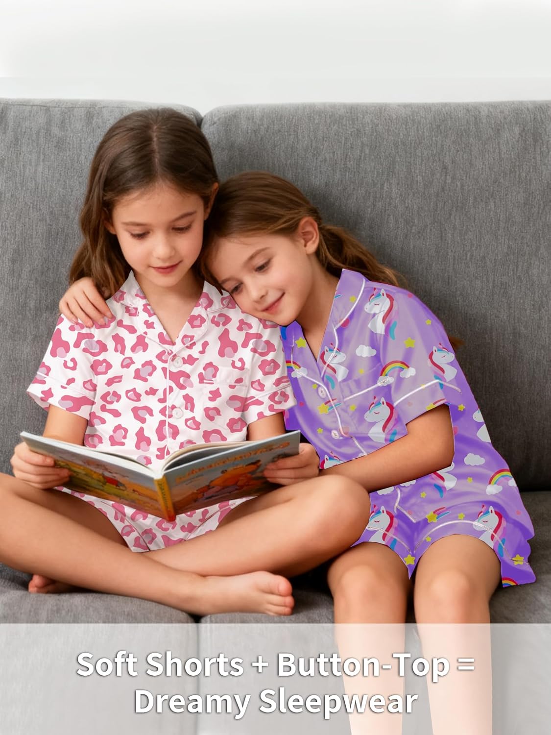Girls Pajamas Silky Sets 2 Packs, Soft Satin Boys Kids Summer Pjs, Short Sleeve Button Down for Birthday Gift, 5Y-14Y - Image 6