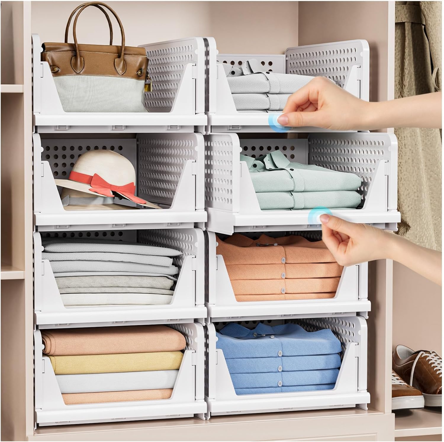 5 Pack Stackable Closet Storage Basket - Stackable Storage Bins, Multifunctional & Foldable Closet Organizer Waterproof, Wardrobe Cupboard Space-Saving Hat Storage Drawer Organizer, White - Image 2