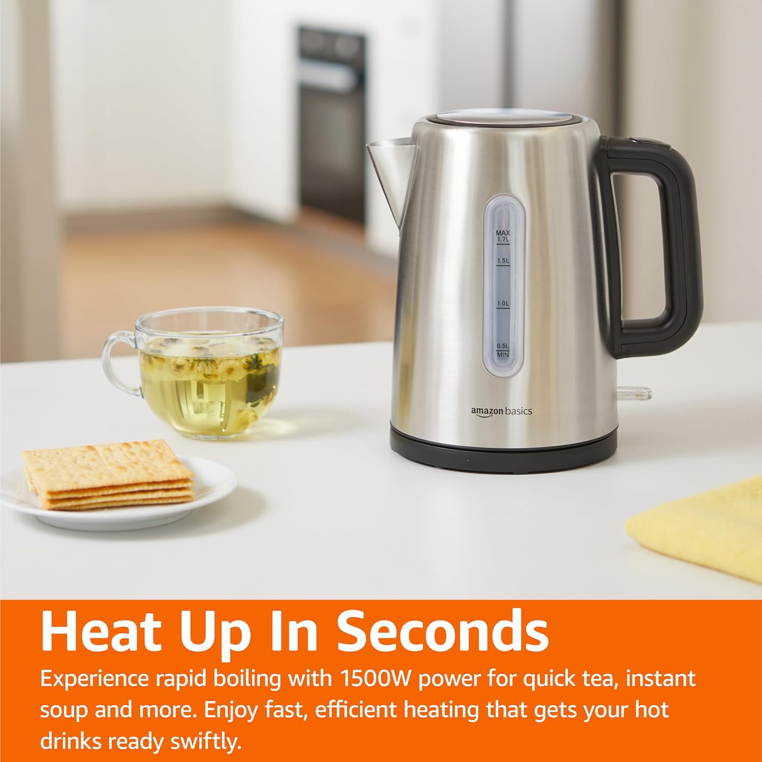 Amazon Basics Electric Stainless Steel Kettle for Tea and Coffee, BPA-Free, Fast Boiling, Auto Shut-Off, Boil-Dry Protection, 1.7 Liter, 1500W, Black and Silver - Image 6