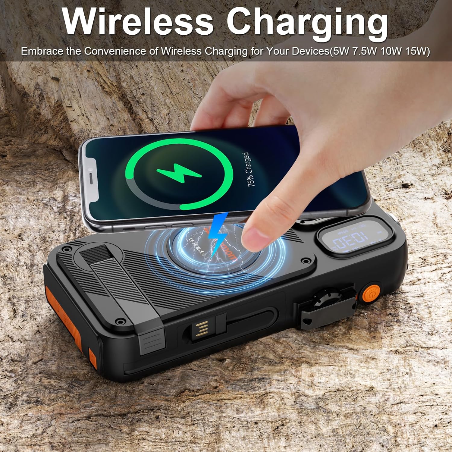 Emergency Radio&22000mAh Solar Power Bank, FM NOAA Weather Radio, Portable Hand Crank Bluetooth Radio, 20W Fast Charge Wireless Phone Charger, SOS Flashlight for Emergency/Home (Orange) - Image 4