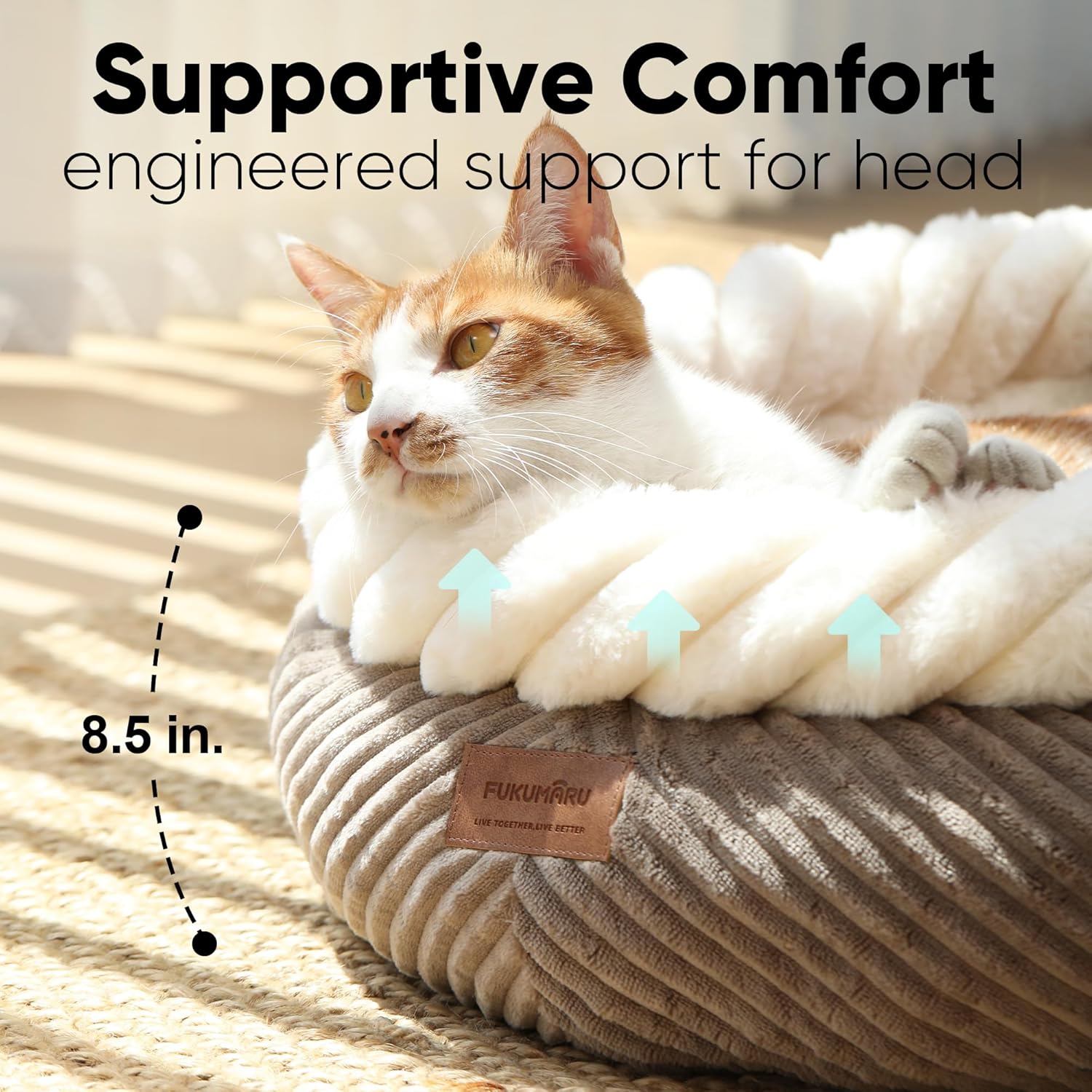 FUKUMARU Cat Bed, Calming Donut Dog Beds, Plush Faux Fur&Corduroy Kitten Beds, Cute Round Washable Pet Bed for Large Cats and Puppy, Cat Cave with Anti-Slip Bottom, 21inch, Camel - Image 3