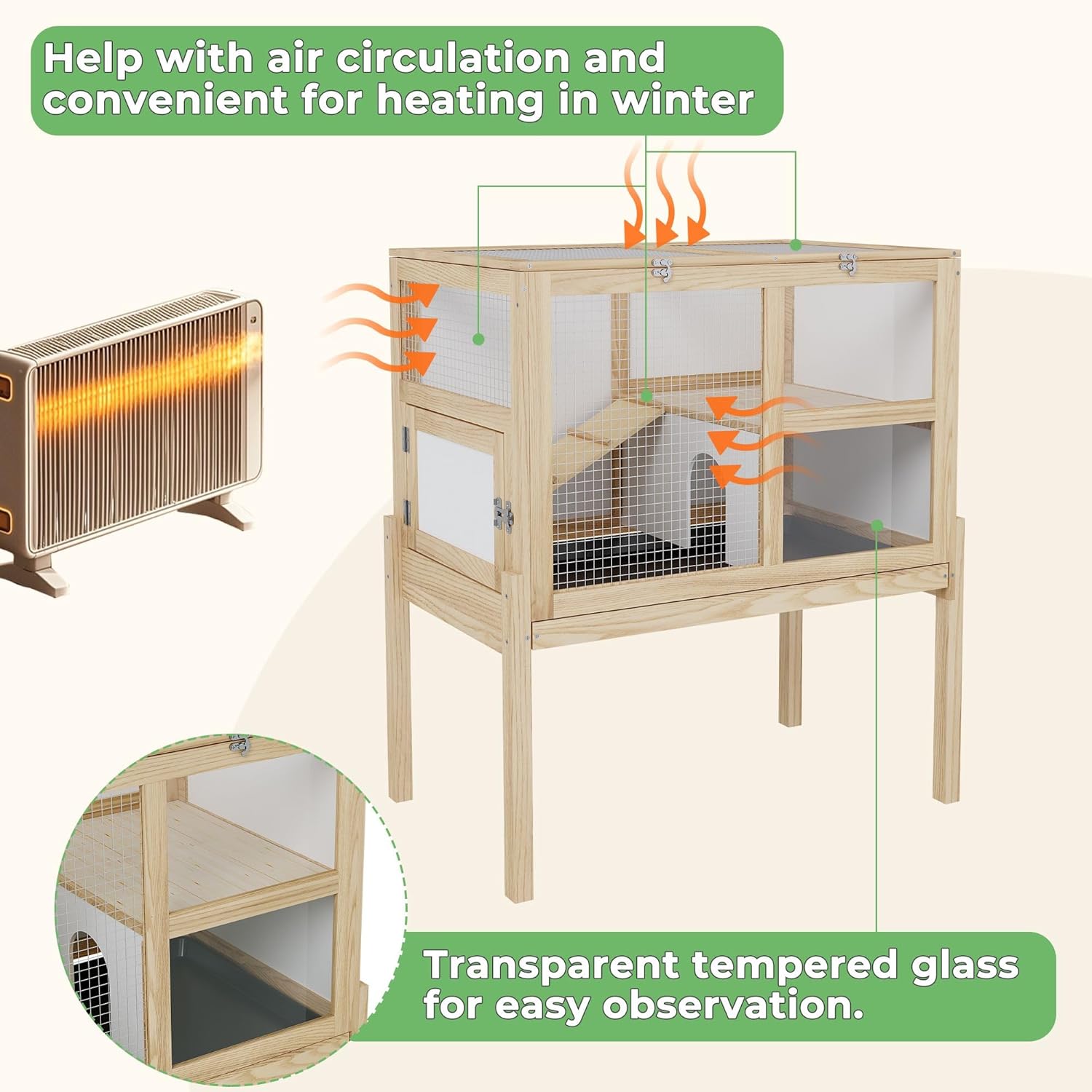 Guinea Pig Cages for 2, Small Animals Rabbit Cages with a Pull Out Tray, Large Wooden Indoor 2-Story Hamster House, Guinea Pig Hideout Habitat Playpen with Ramp, Platform, Natural - Image 6