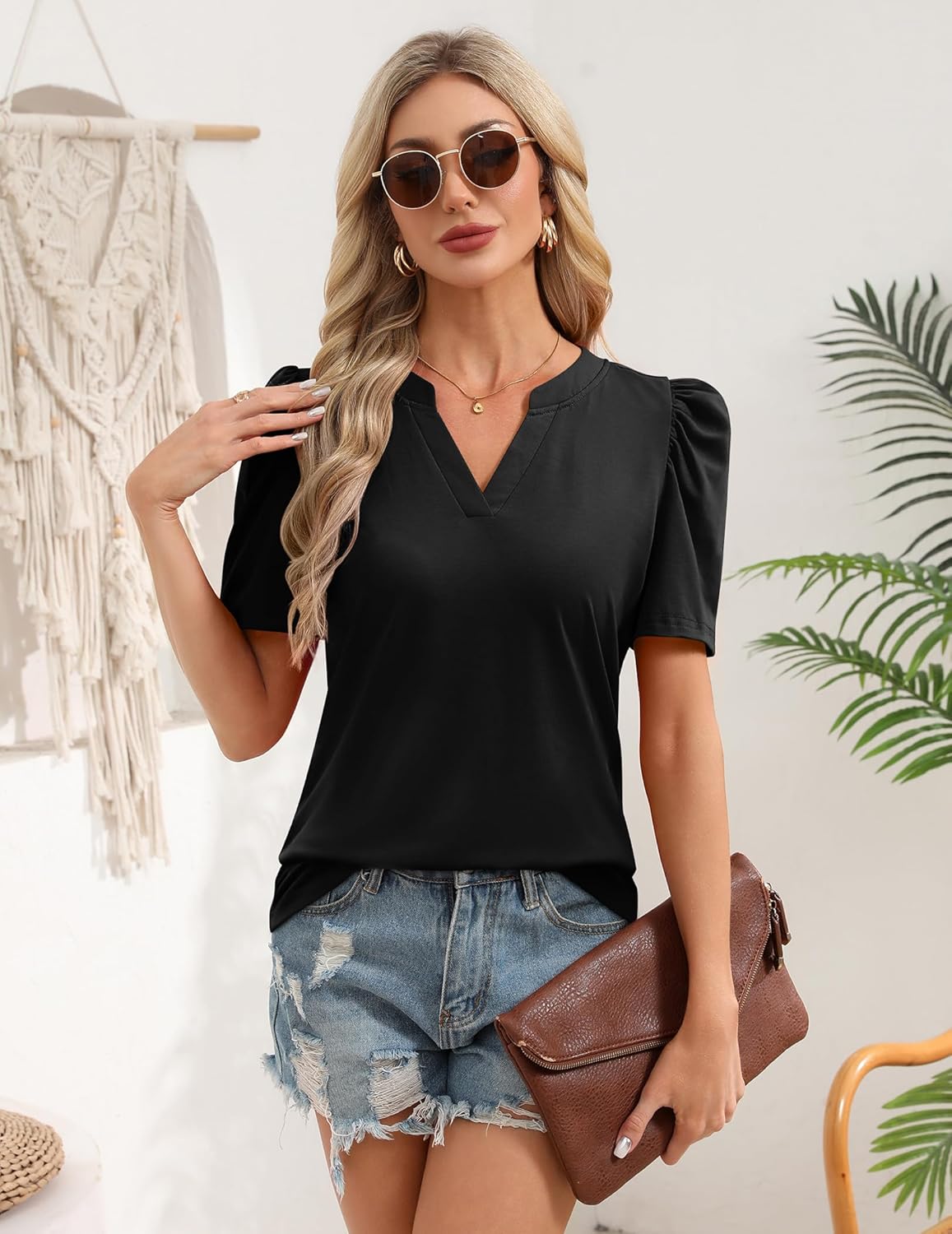 Zeagoo Women Blouses Puff Short Sleeve Tops V Neck Dressy Casual Spring Shirts Boho Floral Cute Clothes 2026 - Image 2
