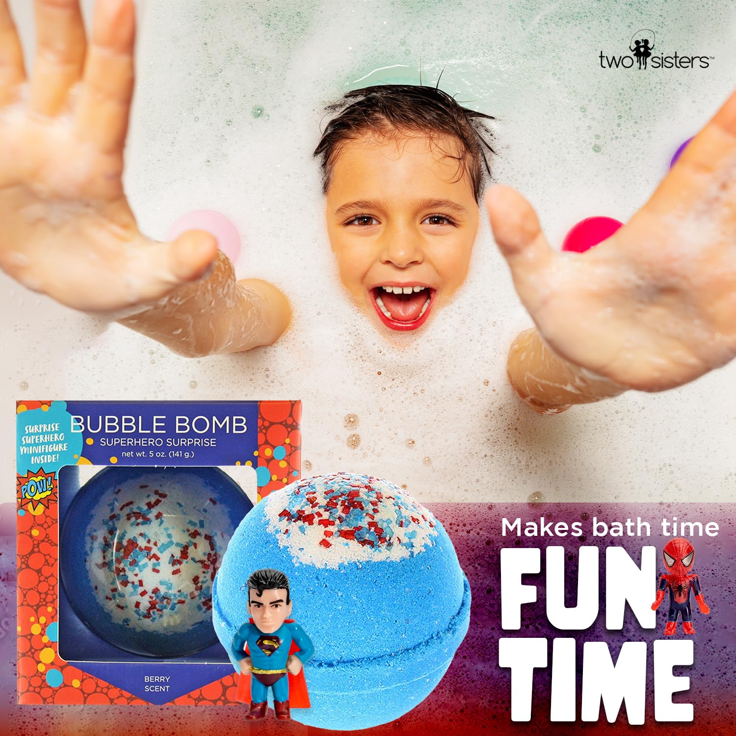 Superhero Bath Bombs for Kids & Boys with Surprise Hero Toys Inside (1 Pack) - Large Bubble Bath Bombs for Boys & Girls - Boys Easter Basket Stuffers & Gifts - Fruity Scent, USA Made by Two Sisters - Image 2