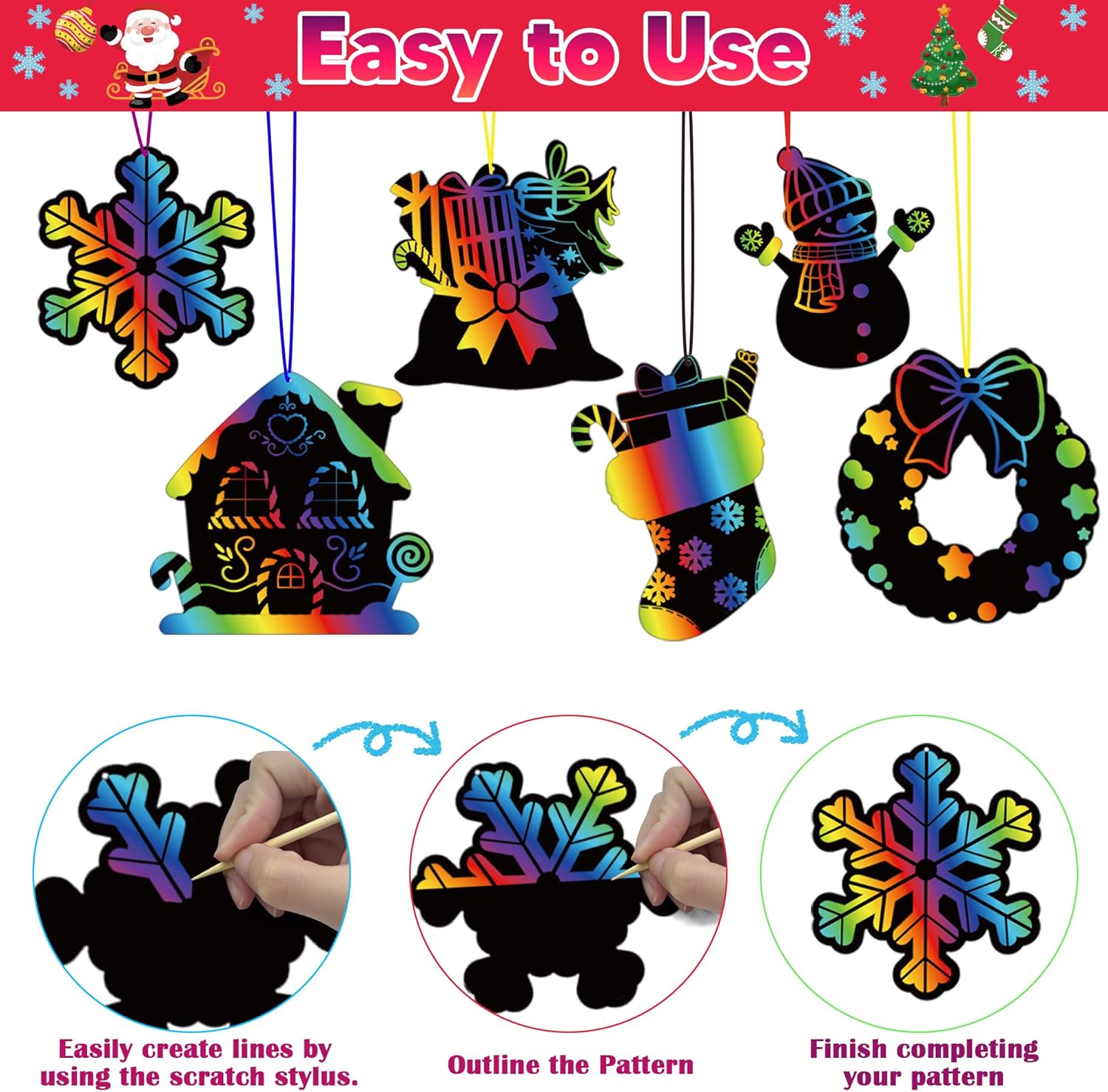 Stocking Stuffers - 48 PCS Rainbow Scratch Paper Cards Set | Christmas Crafts Toys Game for Kids - Christmas Gifts Ornaments Party Favors Decorations Supplies for Grandkids - Toddler Stocking Stuffers - Image 3
