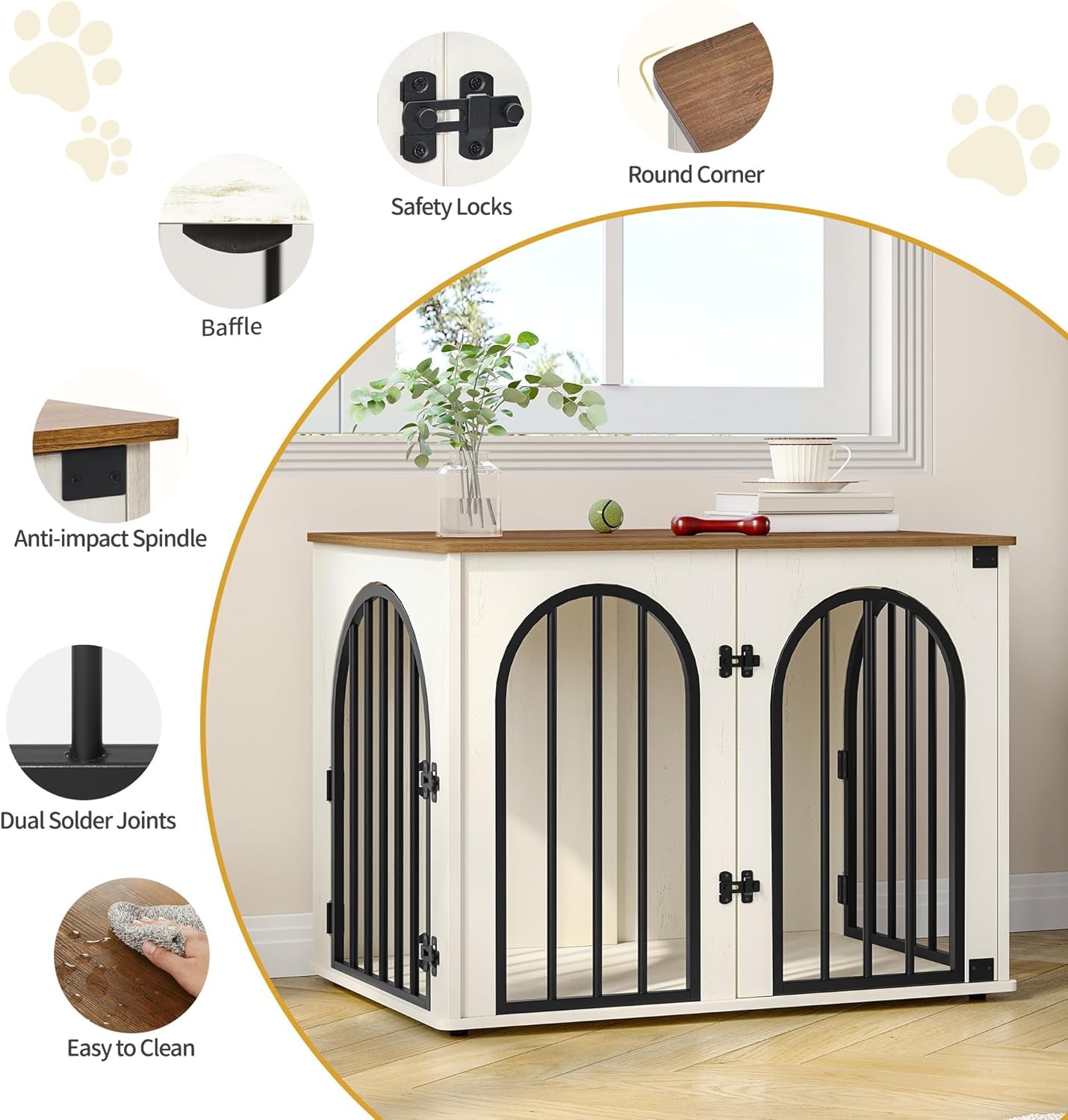 Hzuaneri 31.5'' Wooden Dog Crate Furniture, Indoor Dog Kennel Dogs Cage for Small/Medium Dogs, Heavy Duty Dog Crates Decorative Pet House End Side Table TV Stand, White Brown DFC85114B - Image 7