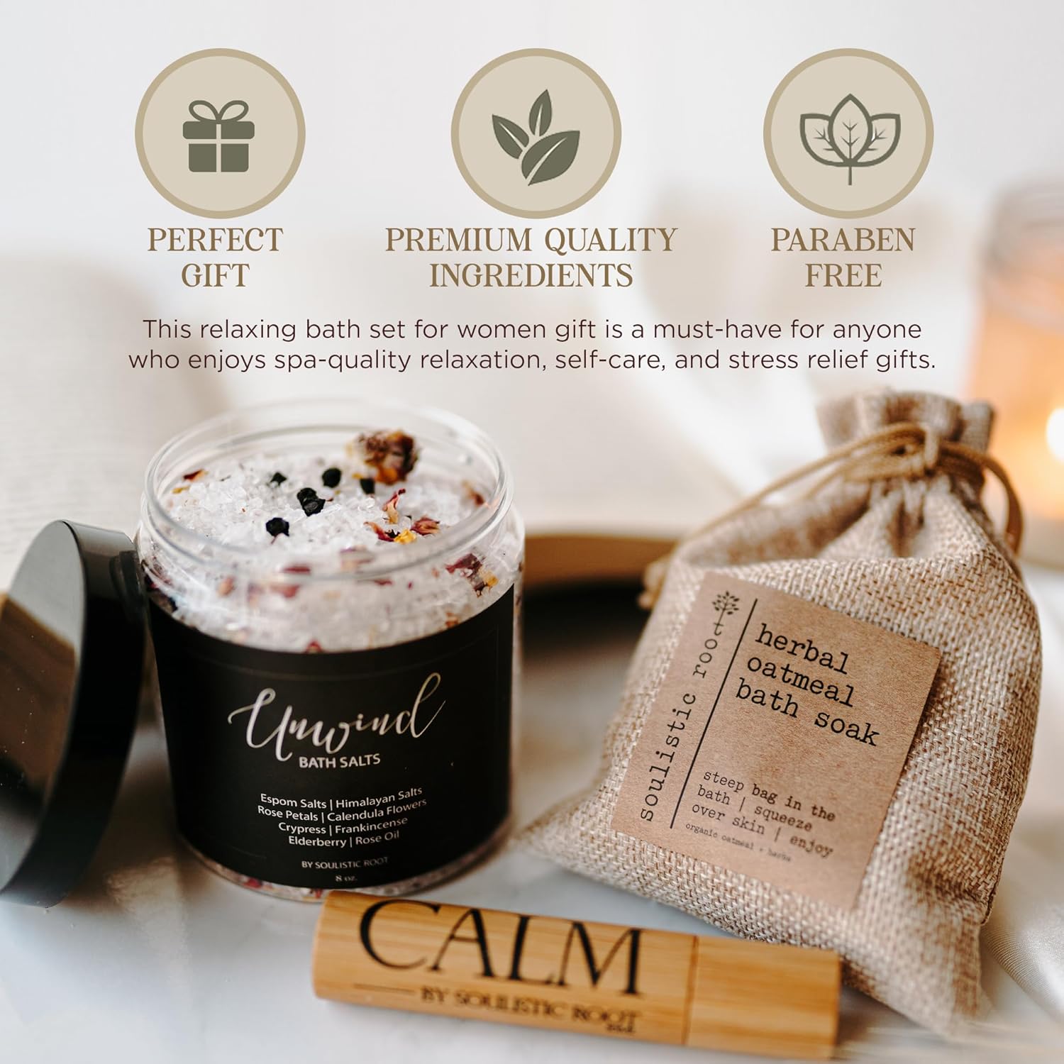 SOULISTIC ROOT Revitalizing Bath Gift - Premium Self-Care Bath & Body Set with Lavender Oatmeal Soak, Tranquil Essential Oil Roller, Epsom Salt Soak, Home Spa Kit, Ready-to-Gift Box - Image 3