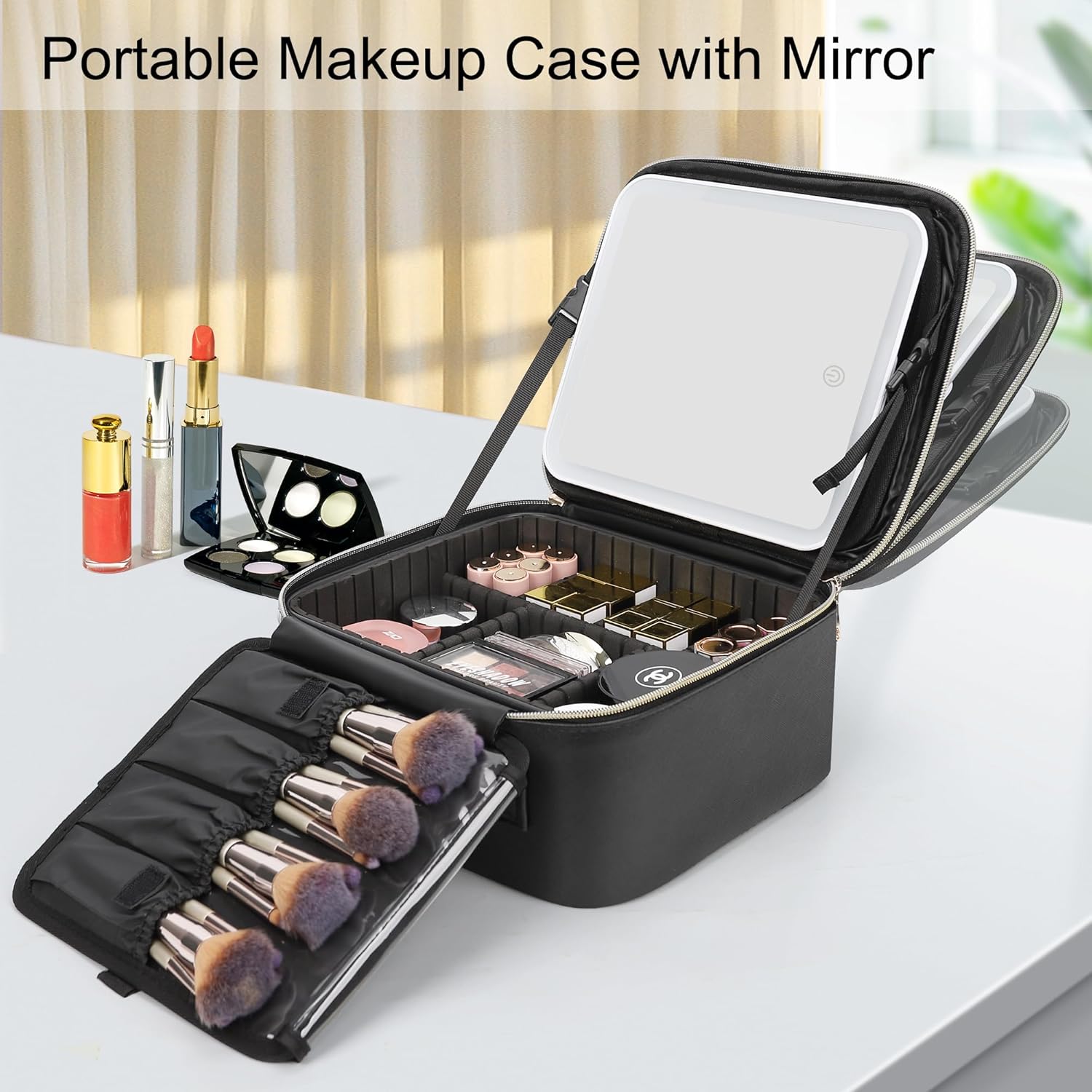 Relavel Travel Makeup Bag With LED Mirror, Cosmetic Train Case with Light up Mirror, Portable Makeup Artist Organizer Bag with Adjustable Dividers, Makeup Brush Holder Storage, Black - Image 2
