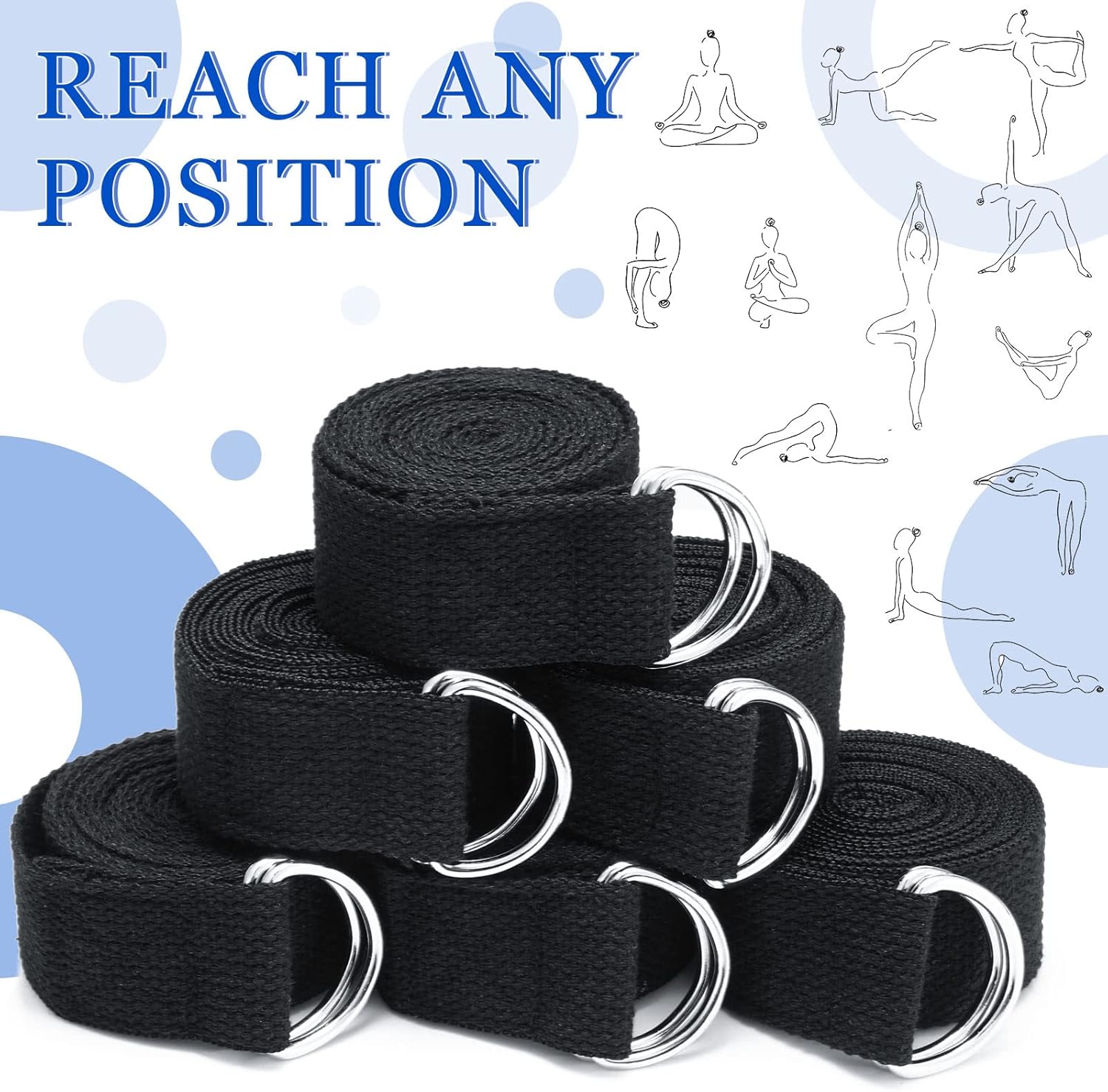 6 Pcs Yoga Strap for Stretching 8 Ft Yoga Exercise Adjustable Straps Bands with Safe Adjustable D Ring Buckle for Pilates Gym Workouts Fitness Improves Sitting Posture - Image 5