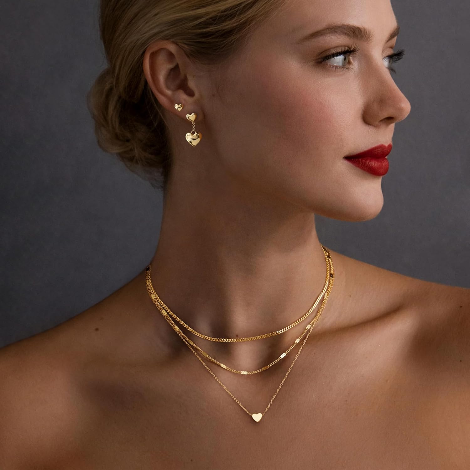 Poxtex Layered Gold Necklaces for Women, Stackable Dainty 14K Gold Silver Plated Trendy Simple Heart Diamond Cross Bow Circle Pendant Paperclip Choker Dot Chain Necklace,Jewelry Set Gifts for Women - Image 3